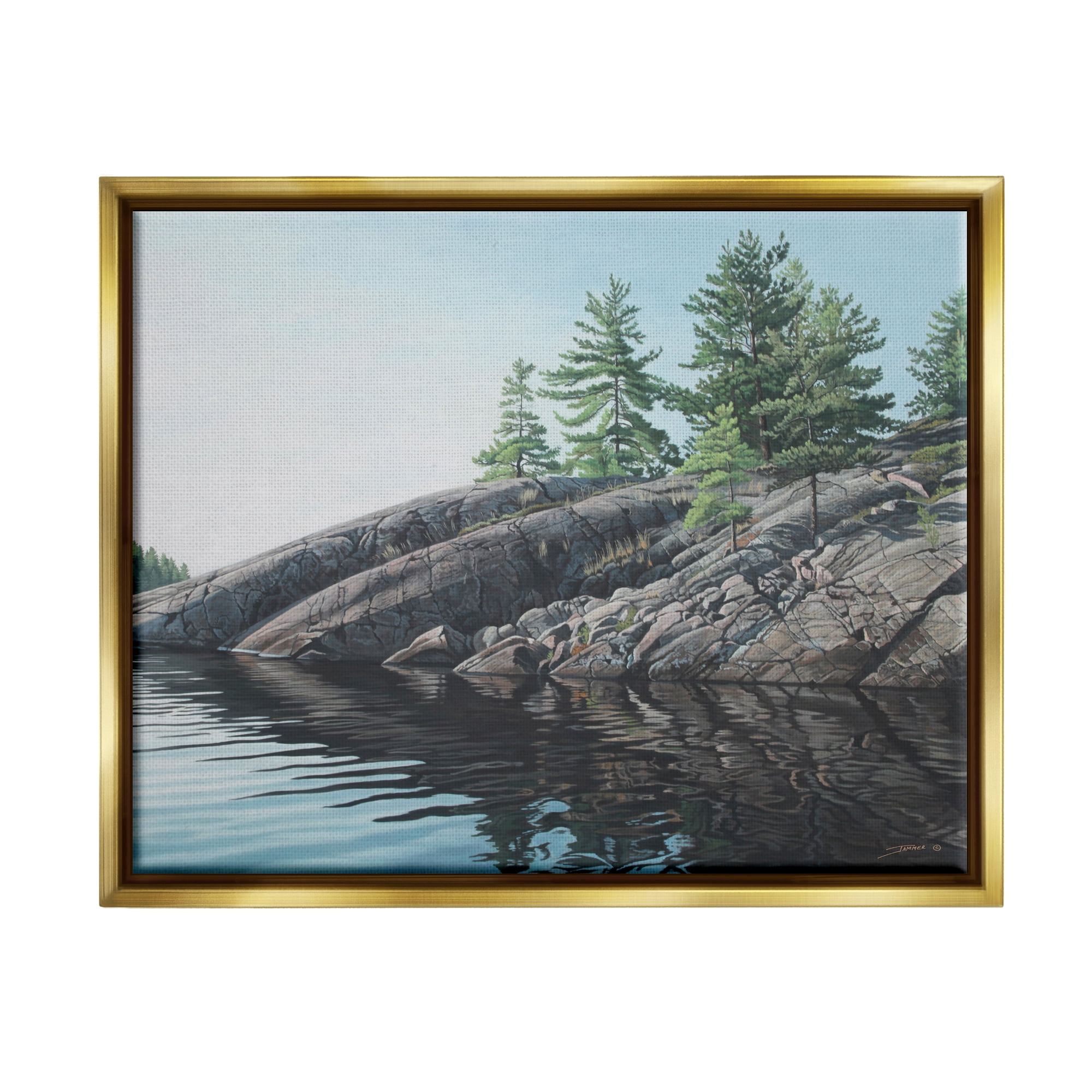 Stupell Industries Rocky Lake Scenery Nature Painting Gold Floater Framed Art Print Wall Art, 31 x 25