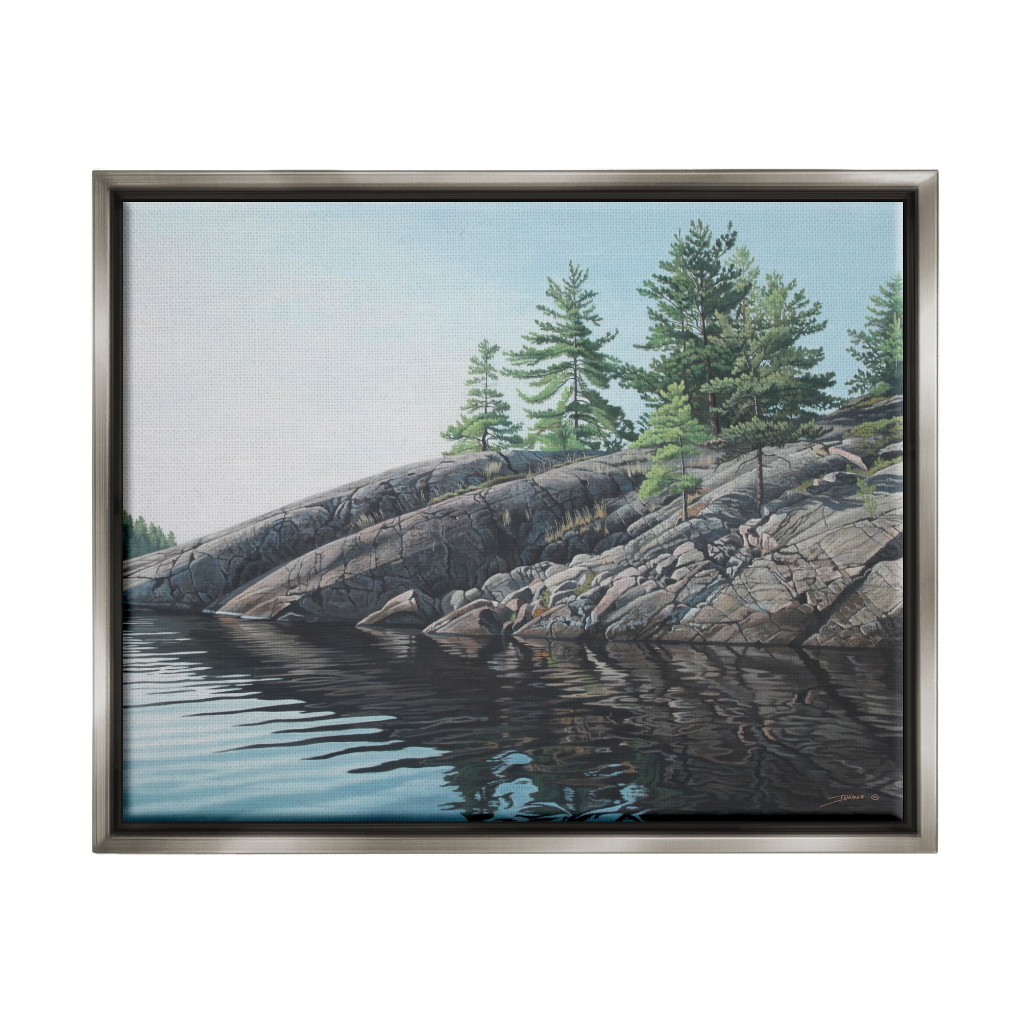 Stupell Industries Rocky Lake Scenery Nature Painting Gray Floater Framed Art Print Wall Art, 31 x 25