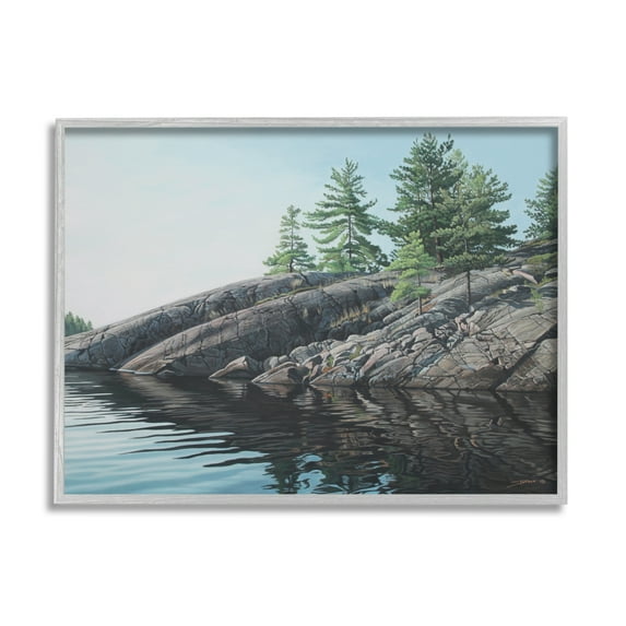 Stupell Industries Rocky Lake Scenery Nature Painting Gray Framed Art Print Wall Art, 30 x 24