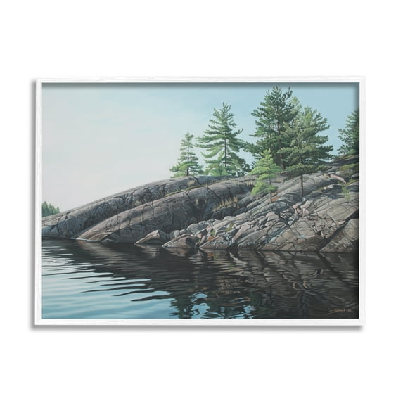 Stupell Industries Rocky Lake Scenery Nature Painting White Framed Art Print Wall Art, 20 x 16