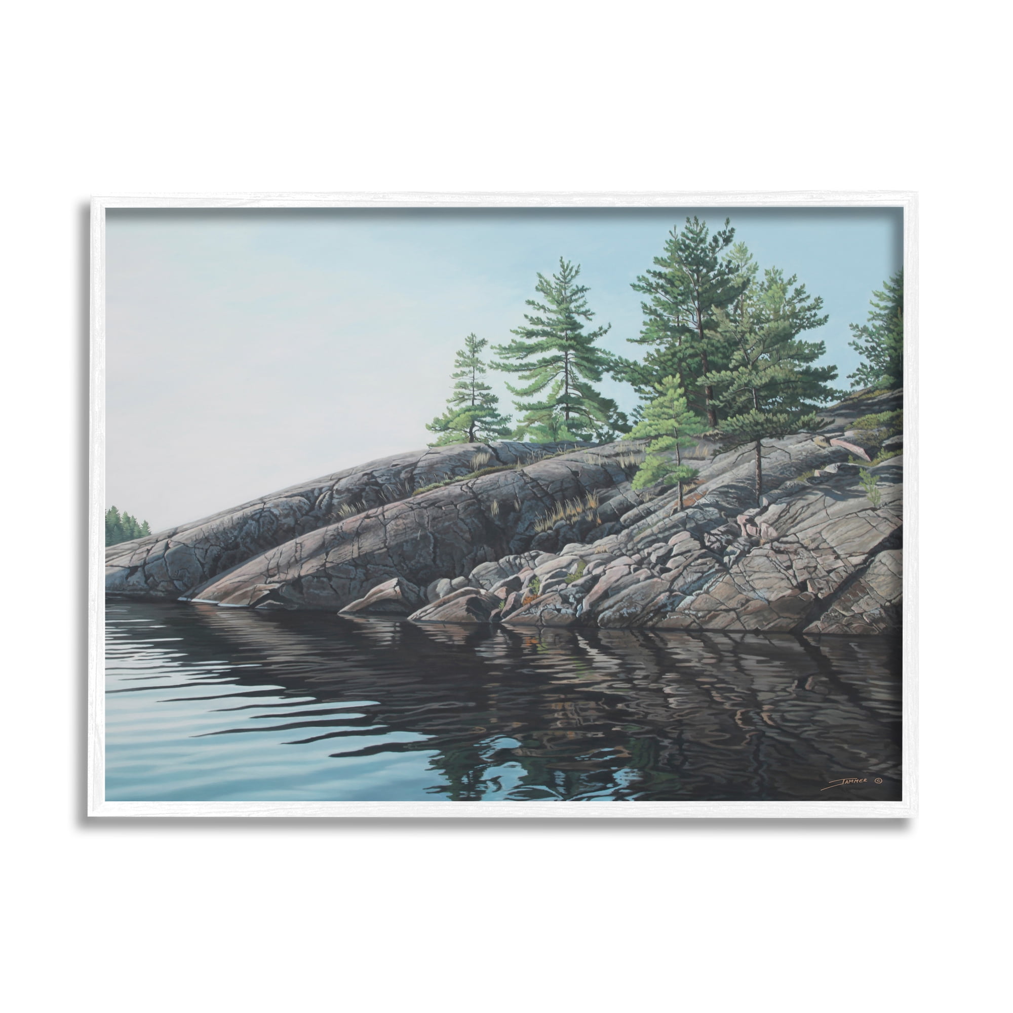 Stupell Industries Rocky Lake Scenery Nature Painting White Framed Art Print Wall Art, 30 x 24