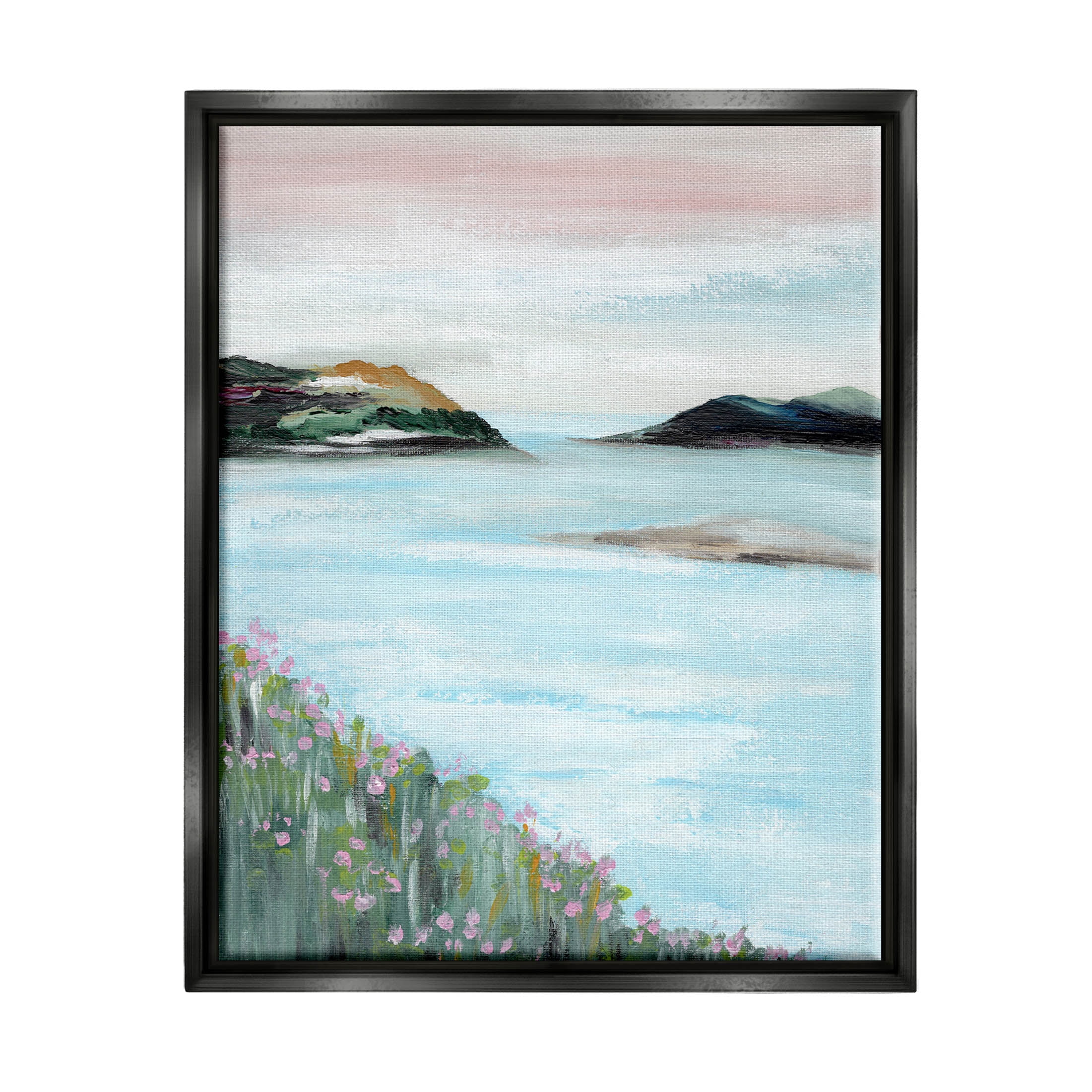 Stupell Industries Rocky Lakeside Meadow Pink Blooms Painting Jet Black Floating Framed Canvas Print Wall Art, Design by Nikita Jariwala