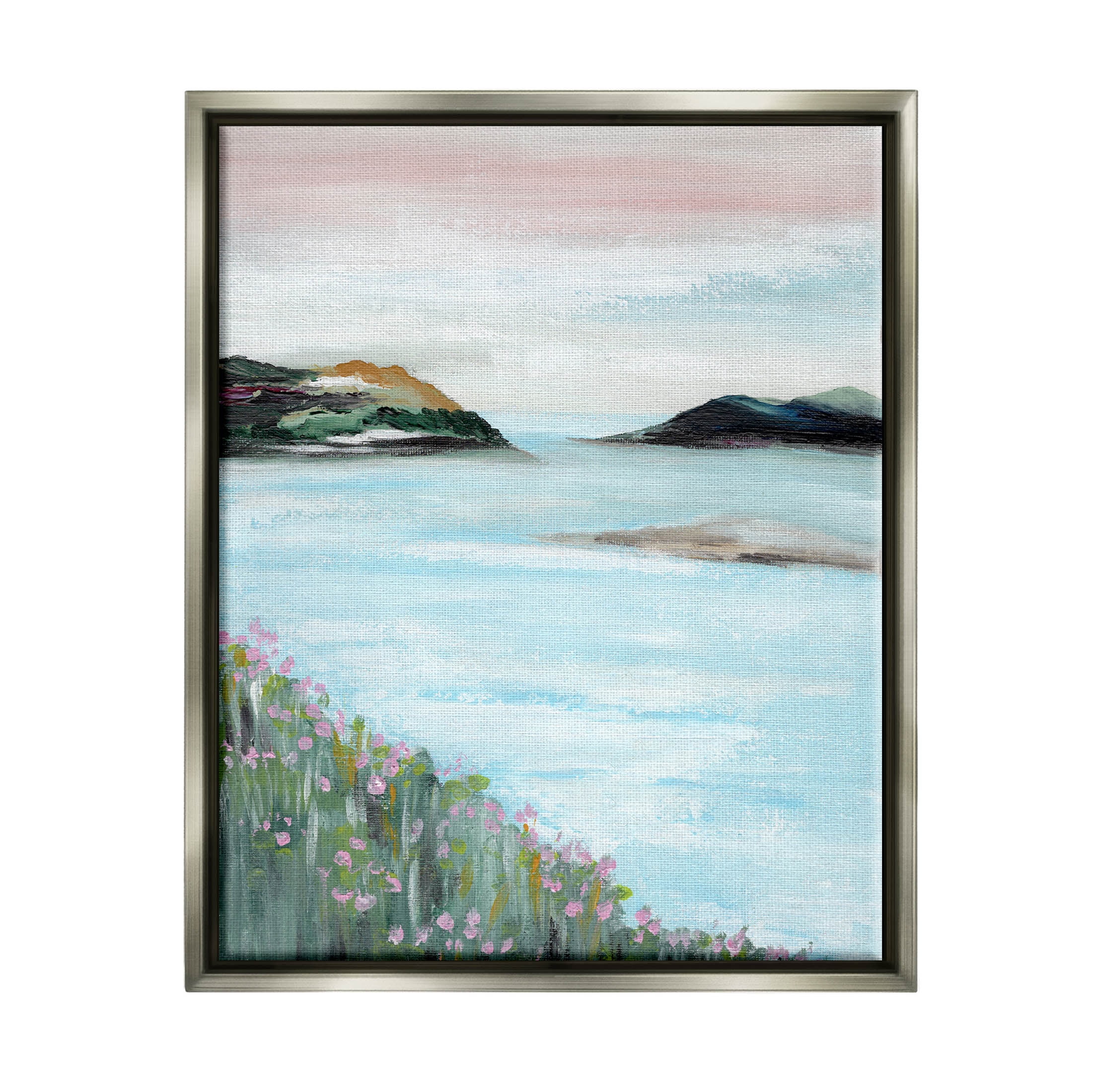 Stupell Industries Rocky Lakeside Meadow Pink Blooms Painting Luster Gray Floating Framed Canvas Print Wall Art, Design by Nikita Jariwala