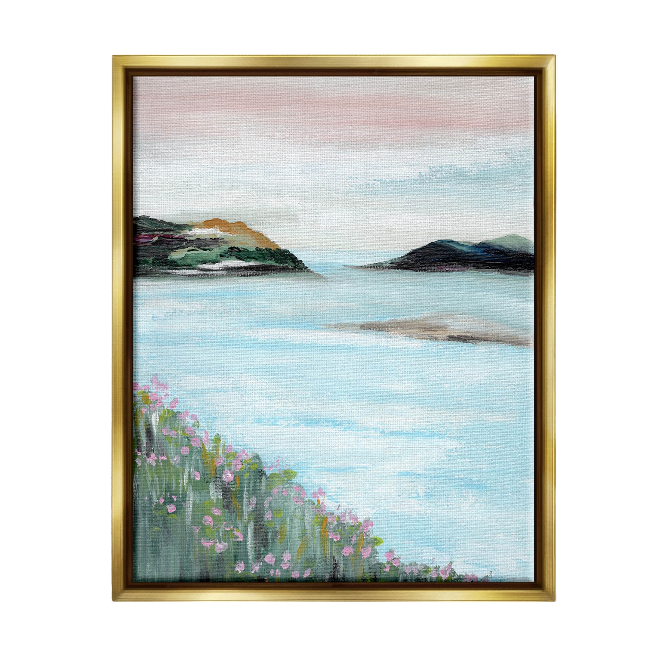 Stupell Industries Rocky Lakeside Meadow Pink Blooms Painting Metallic Gold Floating Framed Canvas Print Wall Art, Design by Nikita Jariwala