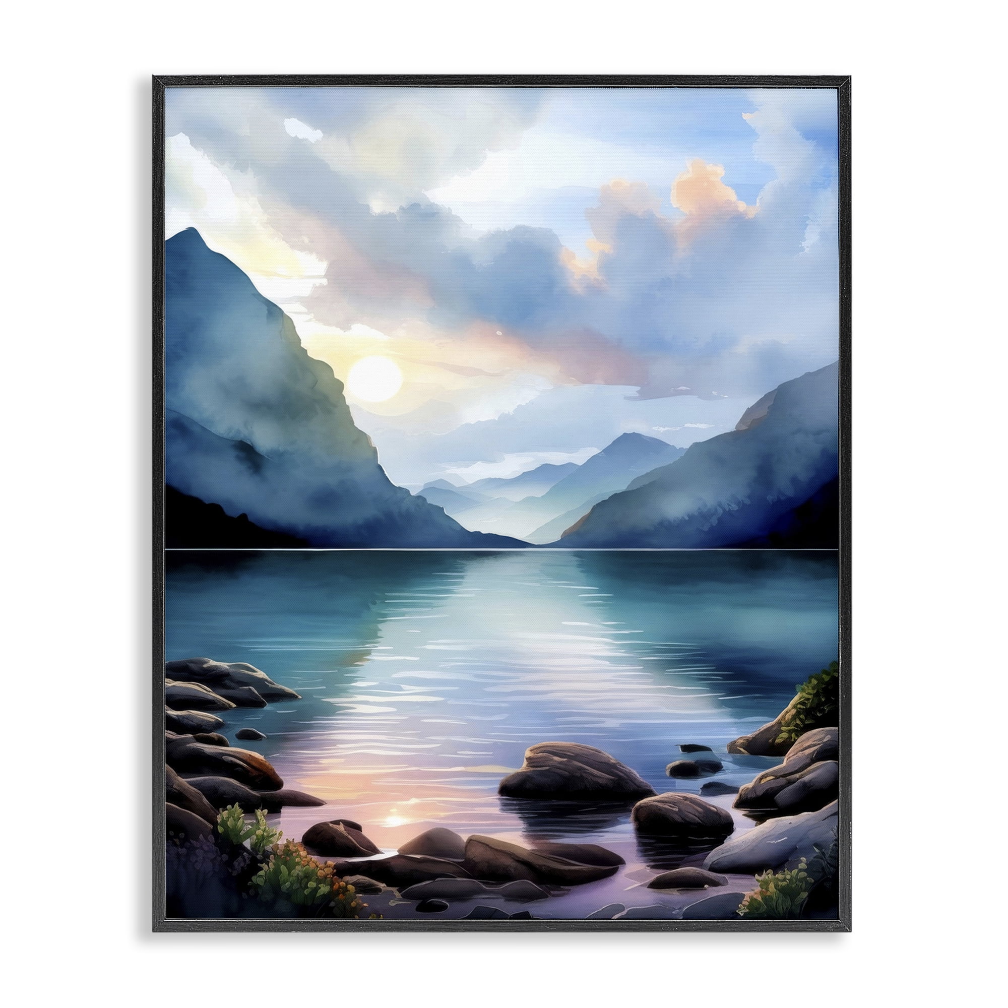 Stupell Industries Rocky Mountain Beach Landscape Painting Black Framed Art Print Wall Art, 24 x 30