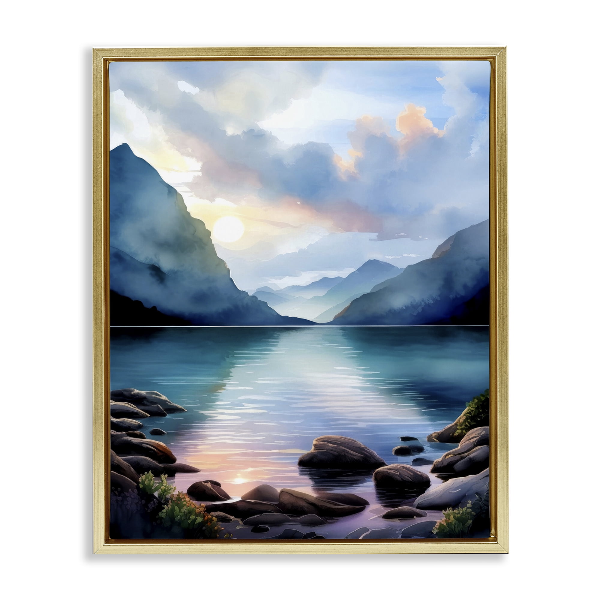 Stupell Industries Rocky Mountain Beach Landscape Painting Gold Floater Framed Art Print Wall Art, 25 x 31