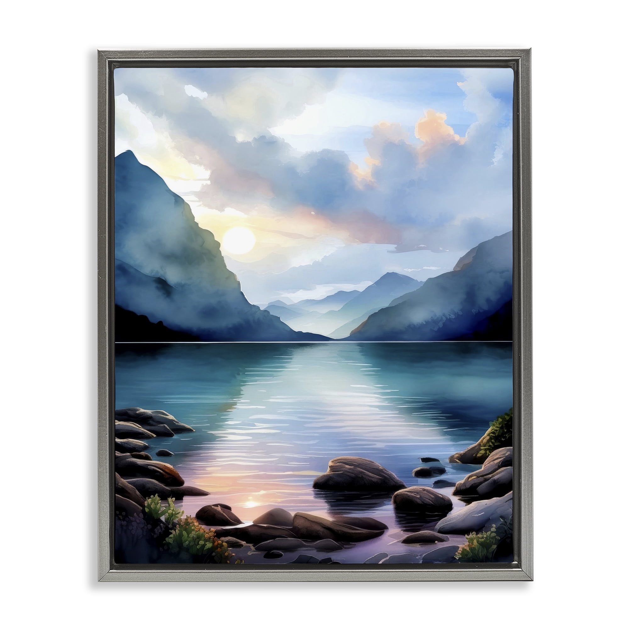 Stupell Industries Rocky Mountain Beach Landscape Painting Gray Floater Framed Art Print Wall Art, 25 x 31