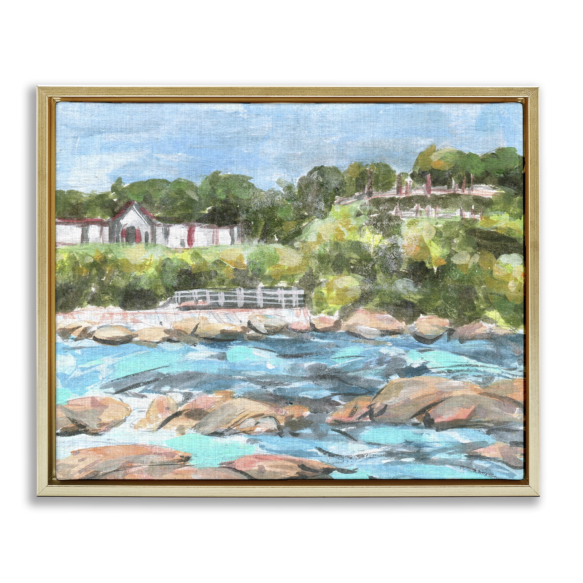 Stupell Industries Rocky Nautical Landscape Landscape Painting Gold Floater Framed Canvas Art Print Wall Art, 31 x 25