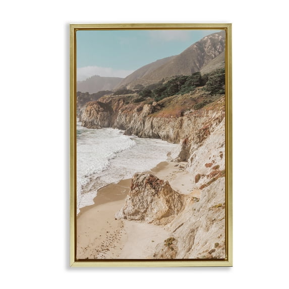 Stupell Industries Rocky Ocean Cove Landscape & Nature Photography Gold Floater Framed Canvas Art Print Wall Art, 17 x 25