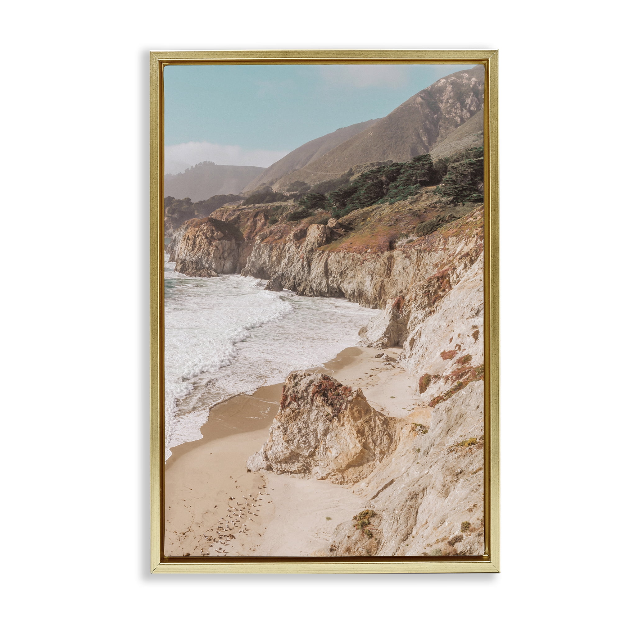 Stupell Industries Rocky Ocean Cove Landscape & Nature Photography Gold Floater Framed Canvas Art Print Wall Art, 21 x 31