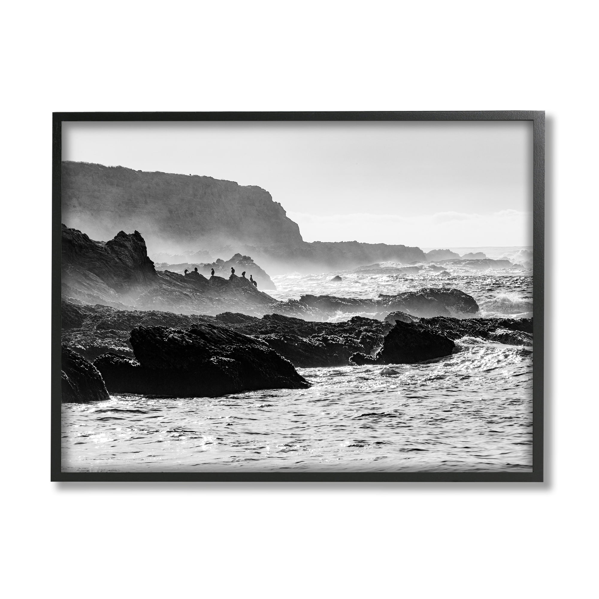 Stupell Industries Rocky Ocean Shoreline Waves Distant Birds Perched Photograph Black Framed Art Print Wall Art, Design by Steve Smith
