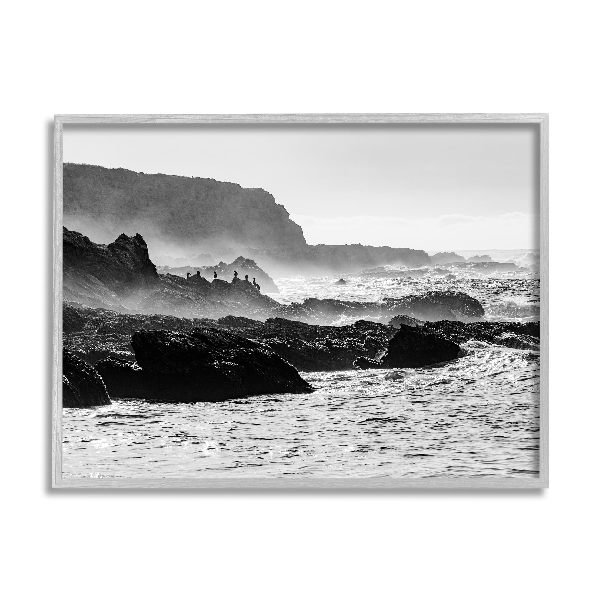 Stupell Industries Rocky Ocean Shoreline Waves Distant Birds Perched Photograph Gray Framed Art Print Wall Art, Design by Steve Smith