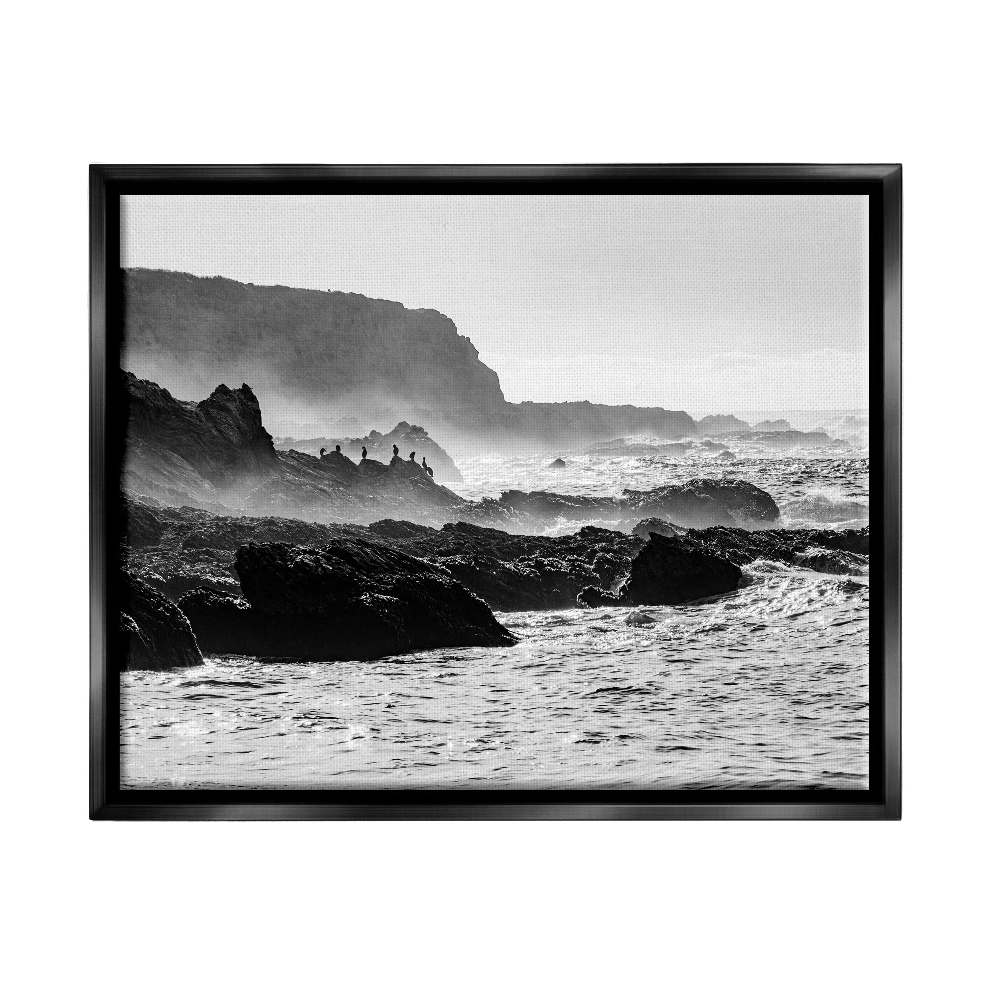 Stupell Industries Rocky Ocean Shoreline Waves Distant Birds Perched Photograph Jet Black Floating Framed Canvas Print Wall Art, Design by Steve Smith