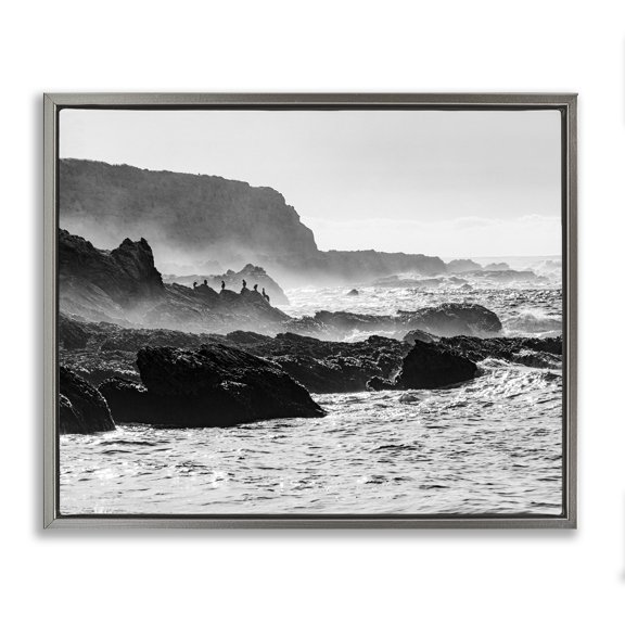 Stupell Industries Contemporary Rocky Ocean Shoreline Waves Distant Birds Perched Gray Floating Frame Canvas Art, 21 x 17, by Steve Smith