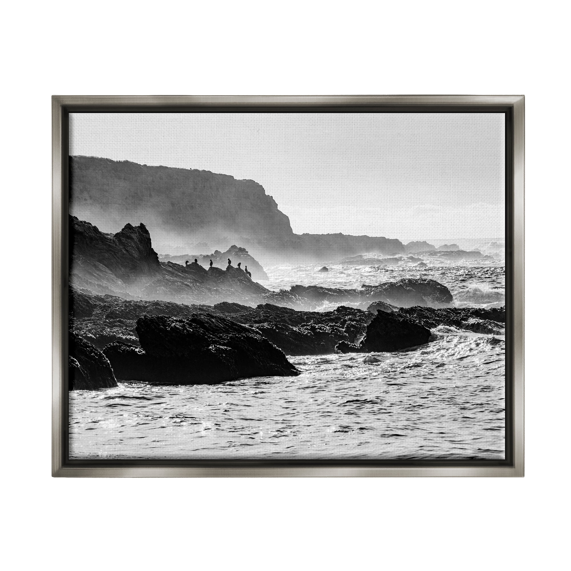 Stupell Industries Rocky Ocean Shoreline Waves Distant Birds Perched Photograph Luster Gray Floating Framed Canvas Print Wall Art, Design by Steve Smith