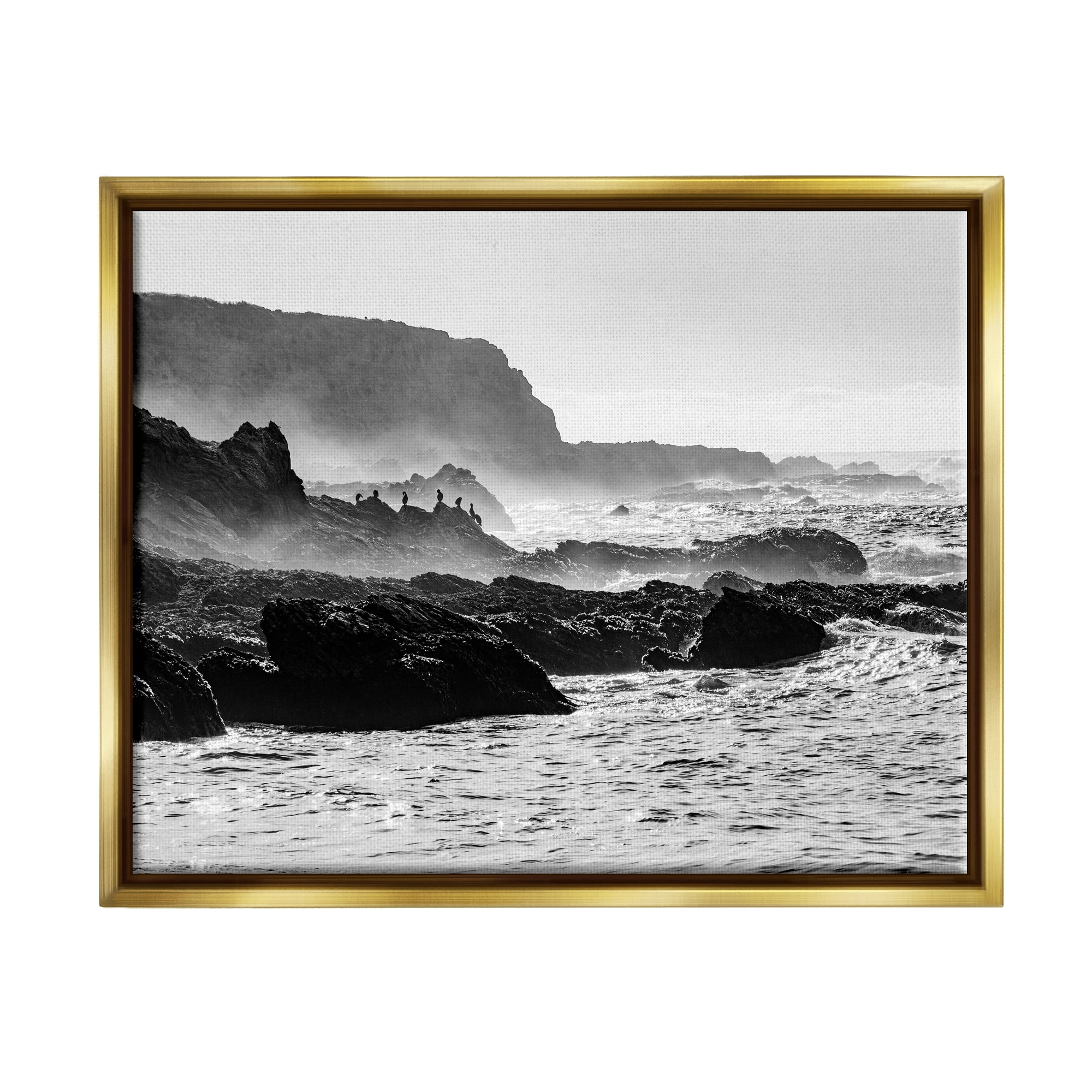 Stupell Industries Rocky Ocean Shoreline Waves Distant Birds Perched Photograph Metallic Gold Floating Framed Canvas Print Wall Art, Design by Steve Smith