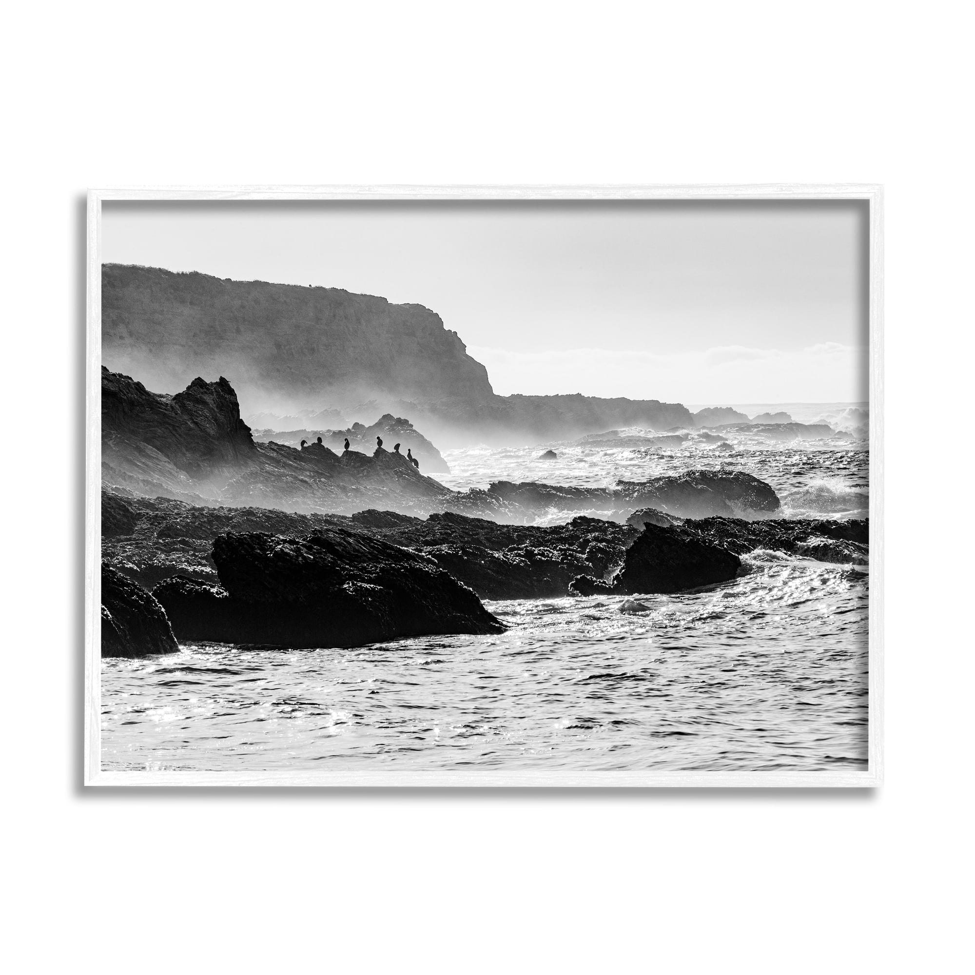 Stupell Industries Rocky Ocean Shoreline Waves Distant Birds Perched Photograph White Framed Art Print Wall Art, Design by Steve Smith