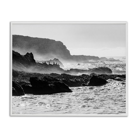 Stupell Industries Contemporary Rocky Ocean Shoreline Waves Distant Birds Perched White Framed Giclee Art, 30 x 24, by Steve Smith