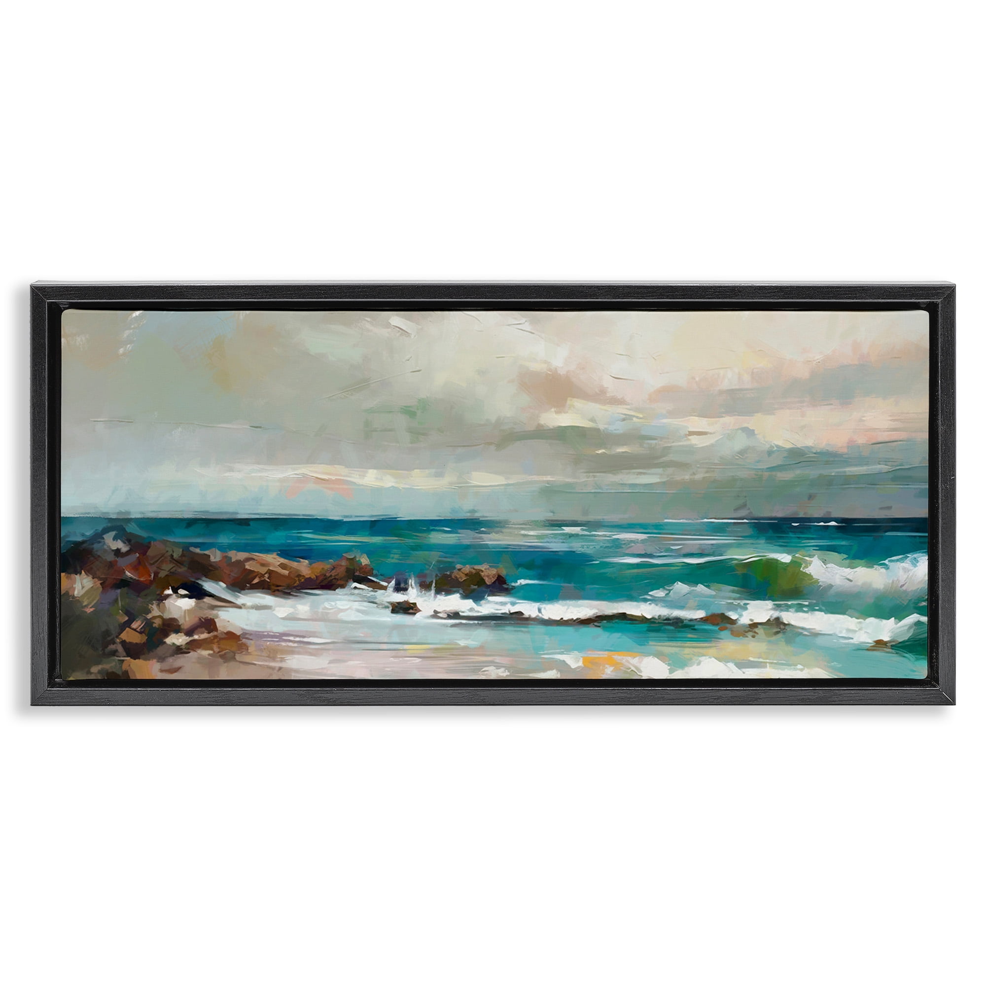 Stupell Industries Rocky Ocean Waves Landscape Painting Black Floater Framed Canvas Art Print Wall Art, 31 x 14