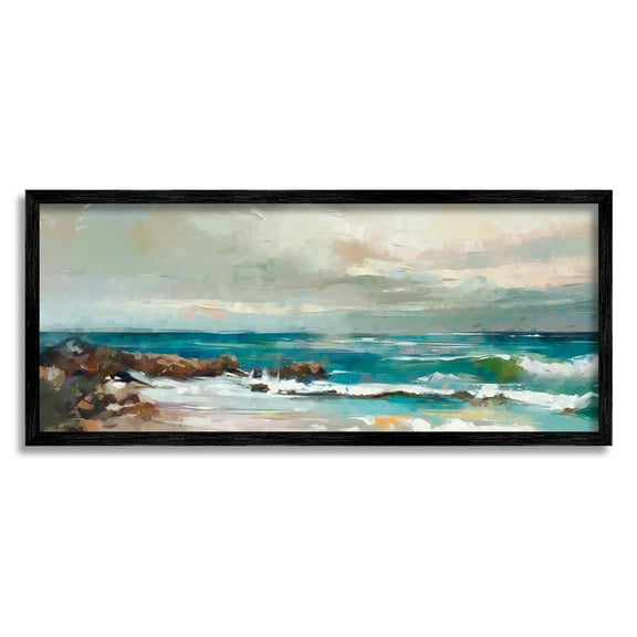 Stupell Industries Rocky Ocean Waves Landscape Painting Black Framed Art Print Wall Art, 24 x 10