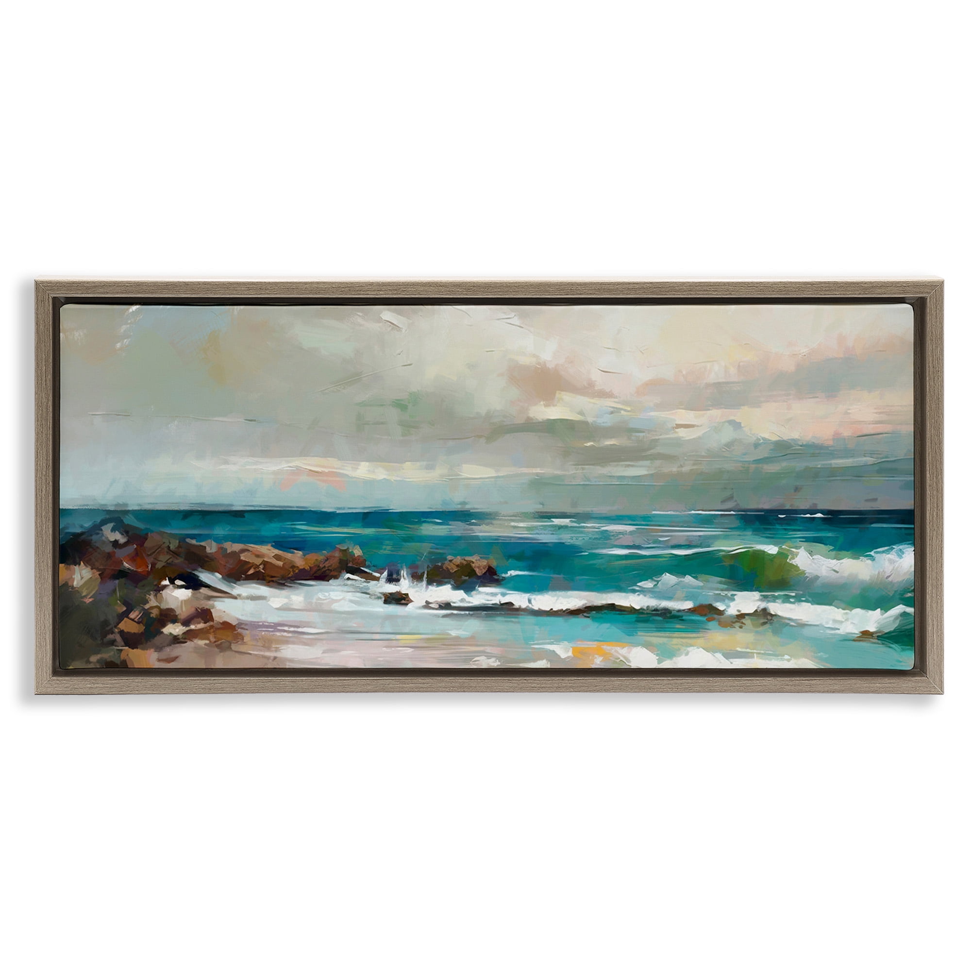 Stupell Industries Rocky Ocean Waves Landscape Painting Brown Floater Framed Canvas Art Print Wall Art, 25 x 11