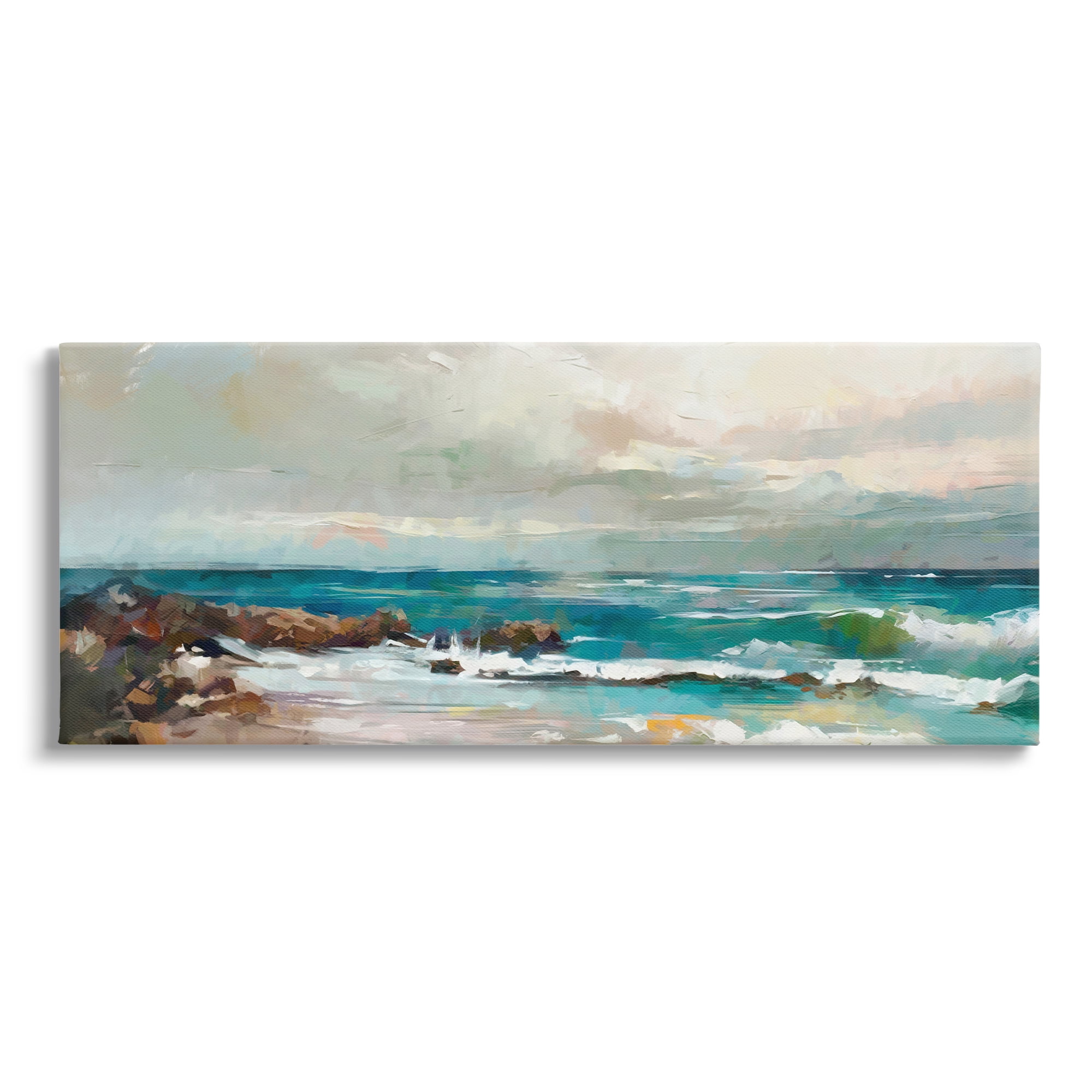 Stupell Industries Rocky Ocean Waves Landscape Painting Gallery Wrapped Canvas Art Print Wall Art, 40 x 17
