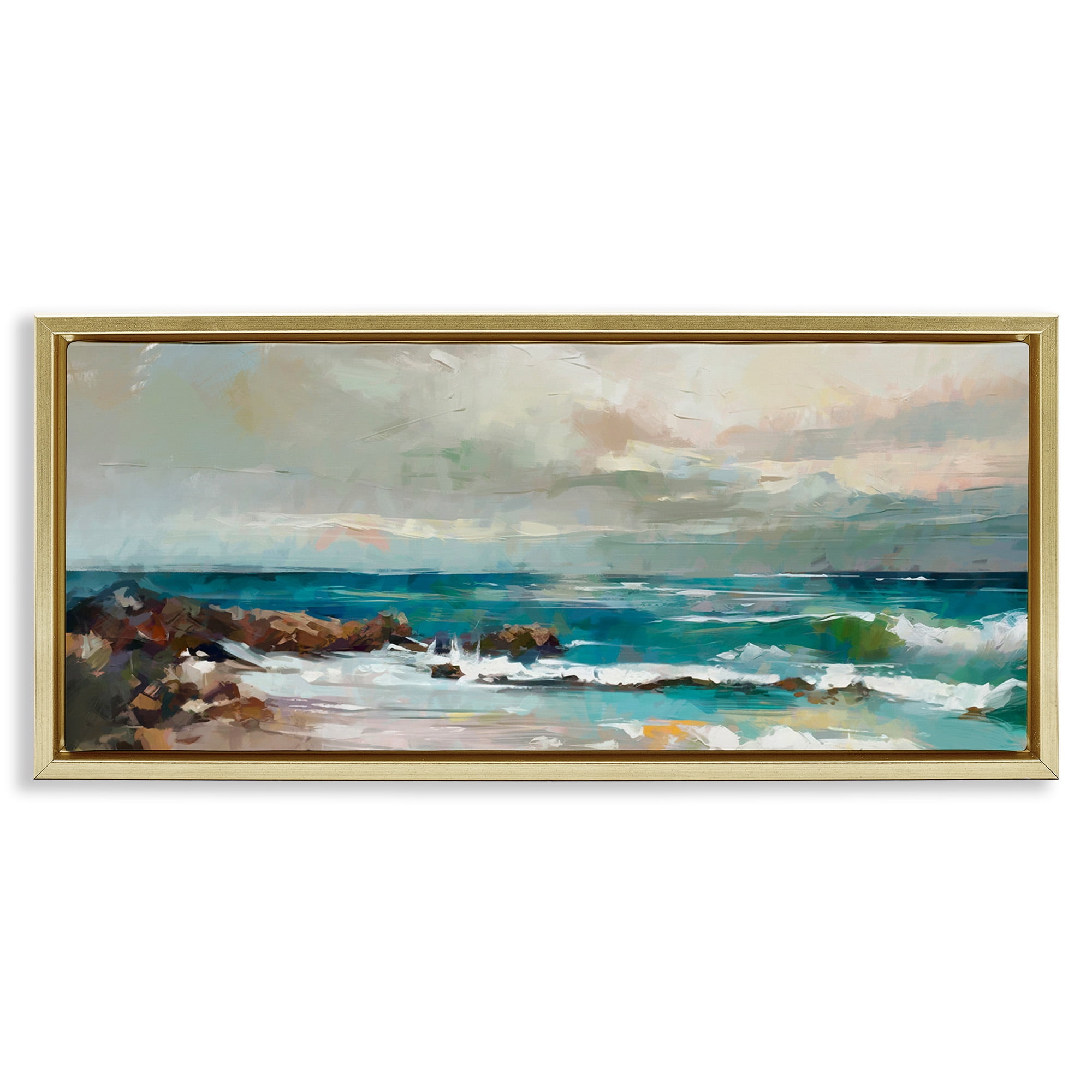 Stupell Industries Rocky Ocean Waves Landscape Painting Gold Floater Framed Canvas Art Print Wall Art, 25 x 11
