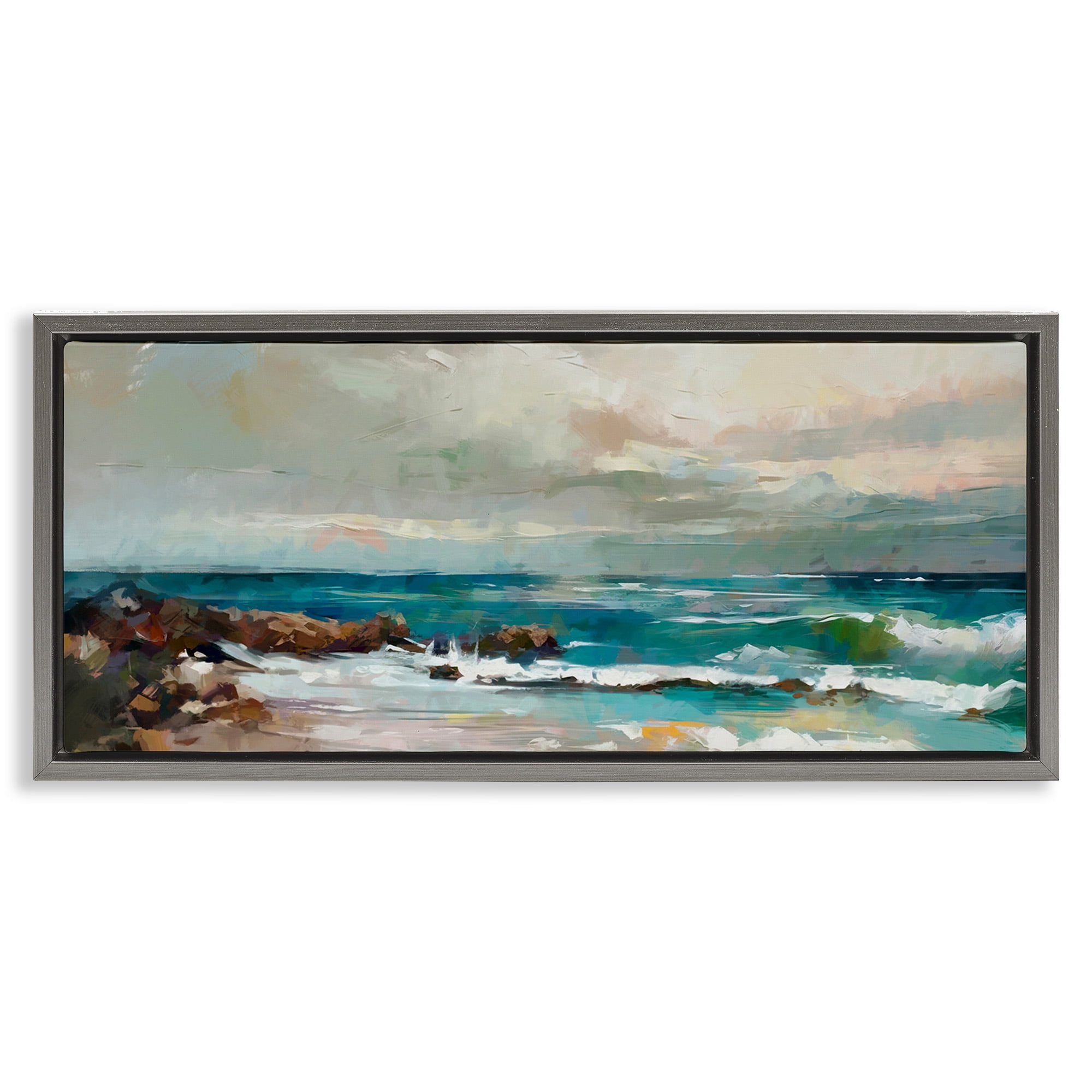 Stupell Industries Rocky Ocean Waves Landscape Painting Gray Floater Framed Canvas Art Print Wall Art, 31 x 14
