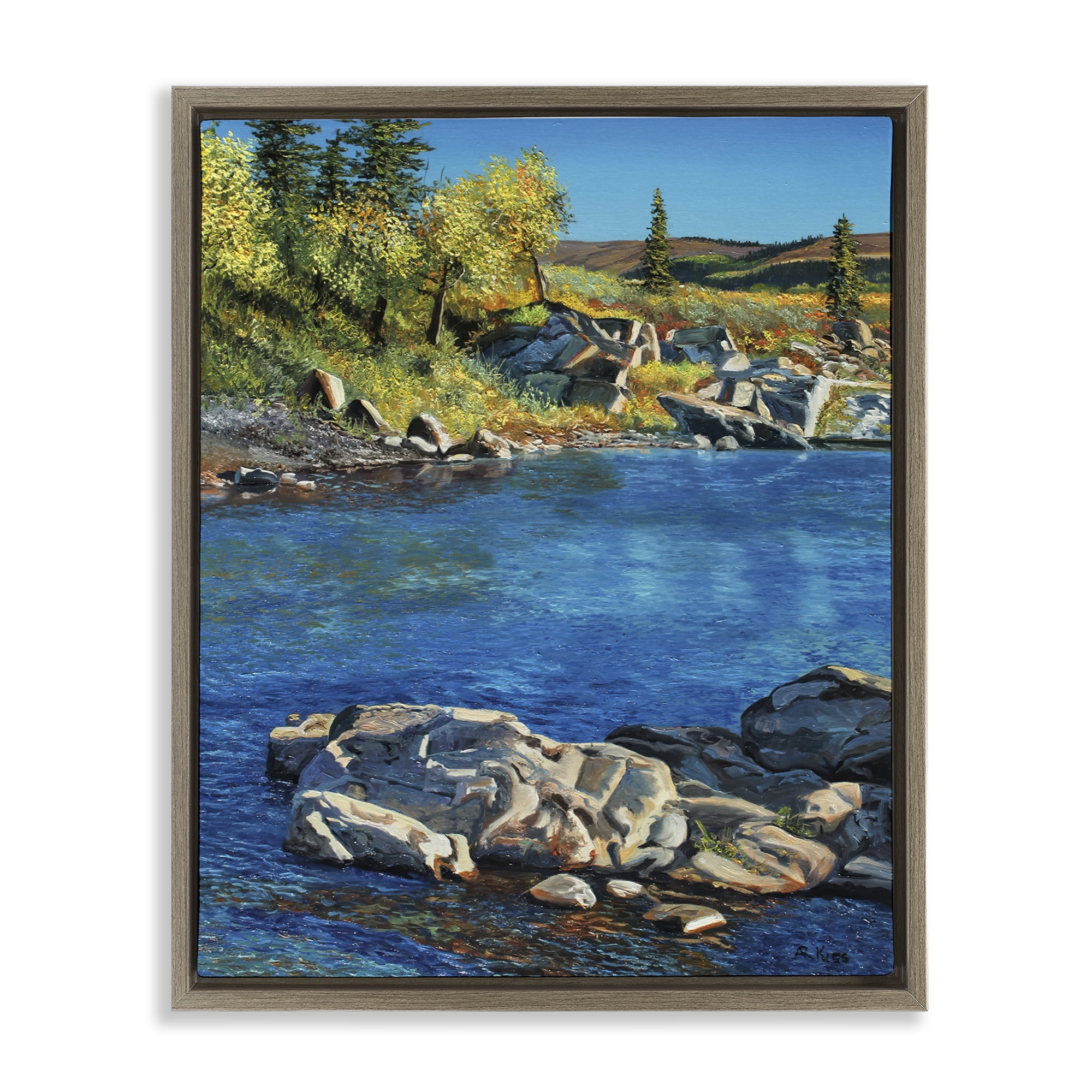 Stupell Industries Rocky River Landscape Landscape & Nature Painting Brown Floater Framed Canvas Art Print Wall Art, 25 x 31