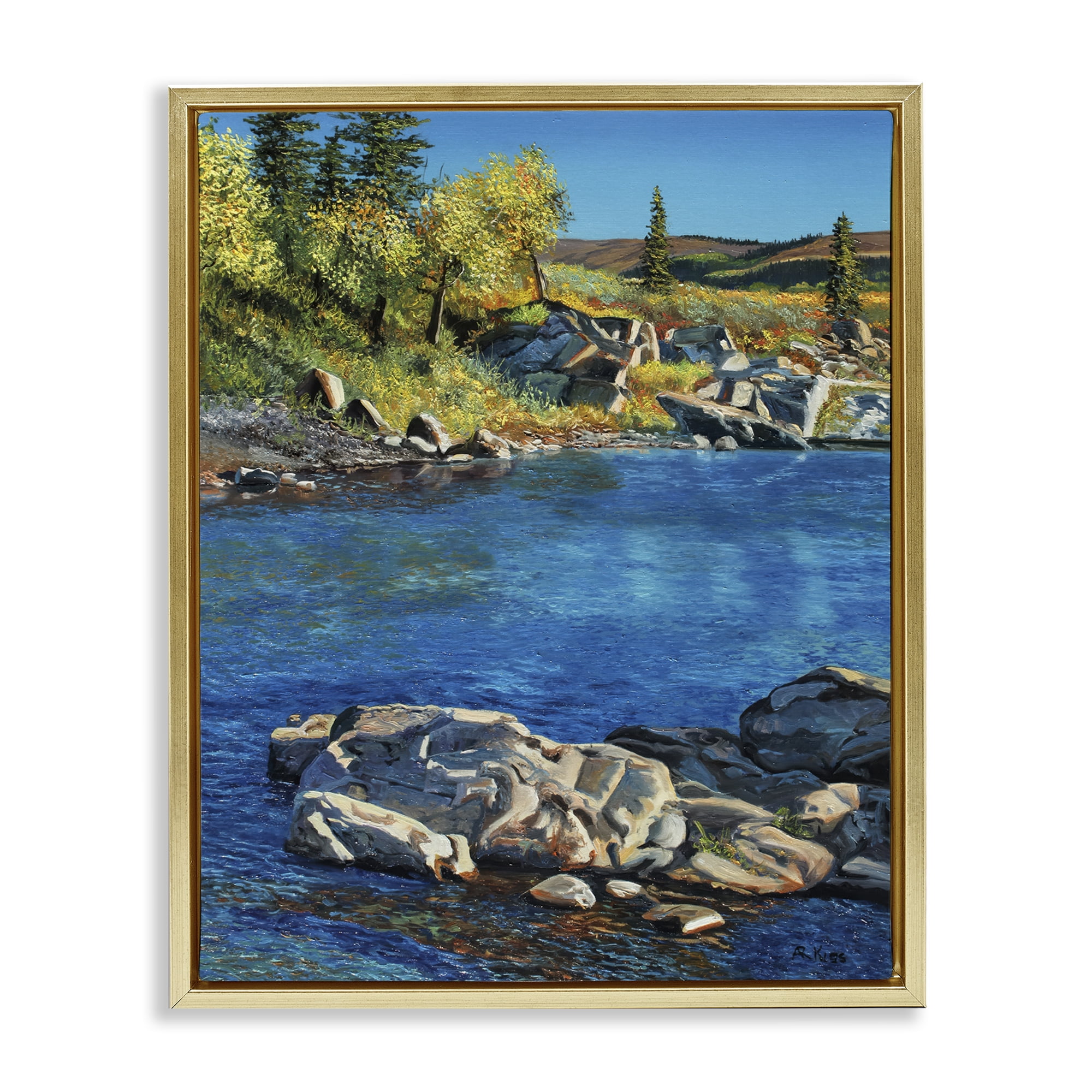 Stupell Industries Rocky River Landscape Landscape & Nature Painting Gold Floater Framed Canvas Art Print Wall Art, 17 x 21