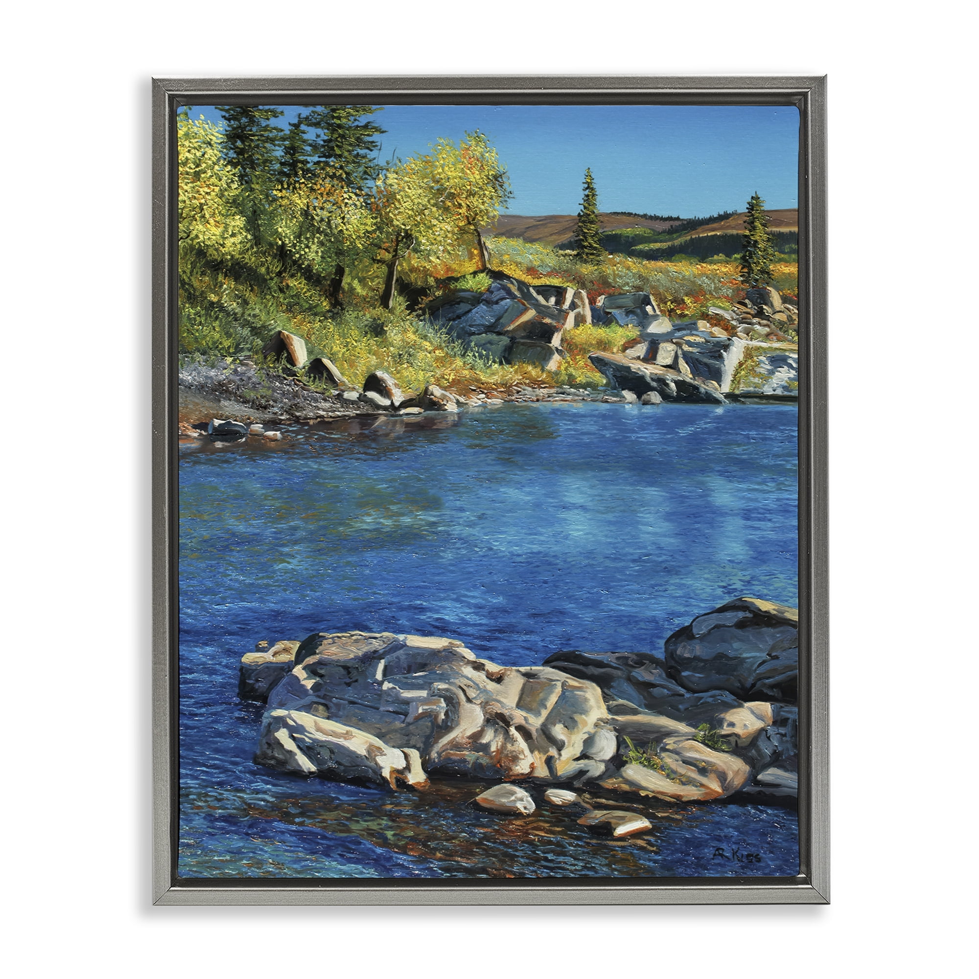 Stupell Industries Rocky River Landscape Landscape & Nature Painting Gray Floater Framed Canvas Art Print Wall Art, 17 x 21