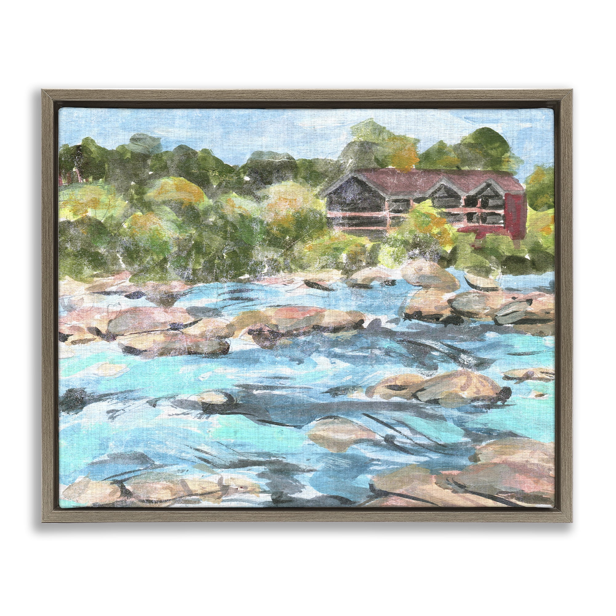 Stupell Industries Rocky River Landscape Landscape Painting Brown Floater Framed Canvas Art Print Wall Art, 31 x 25