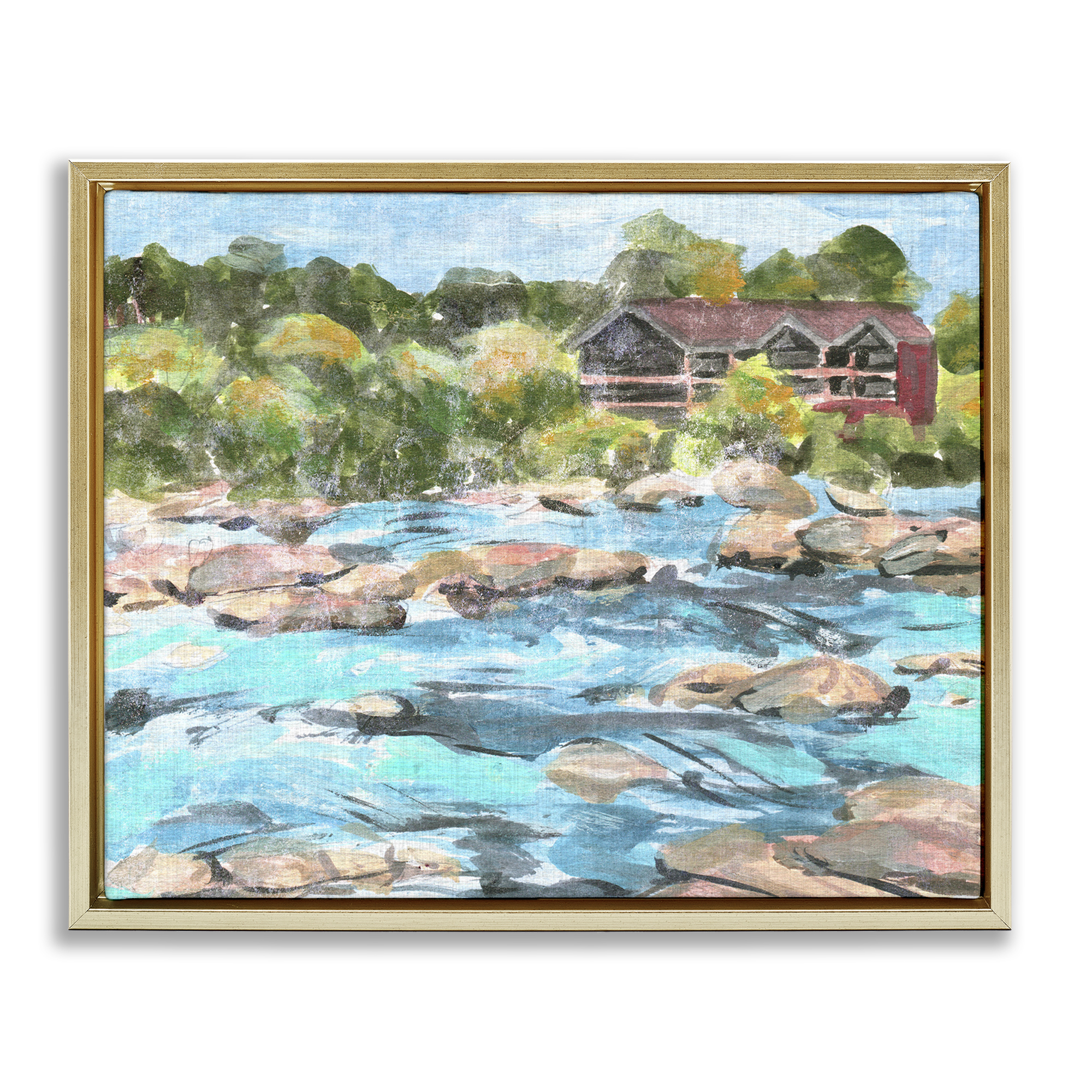 Stupell Industries Rocky River Landscape Landscape Painting Gold Floater Framed Canvas Art Print Wall Art, 21 x 17