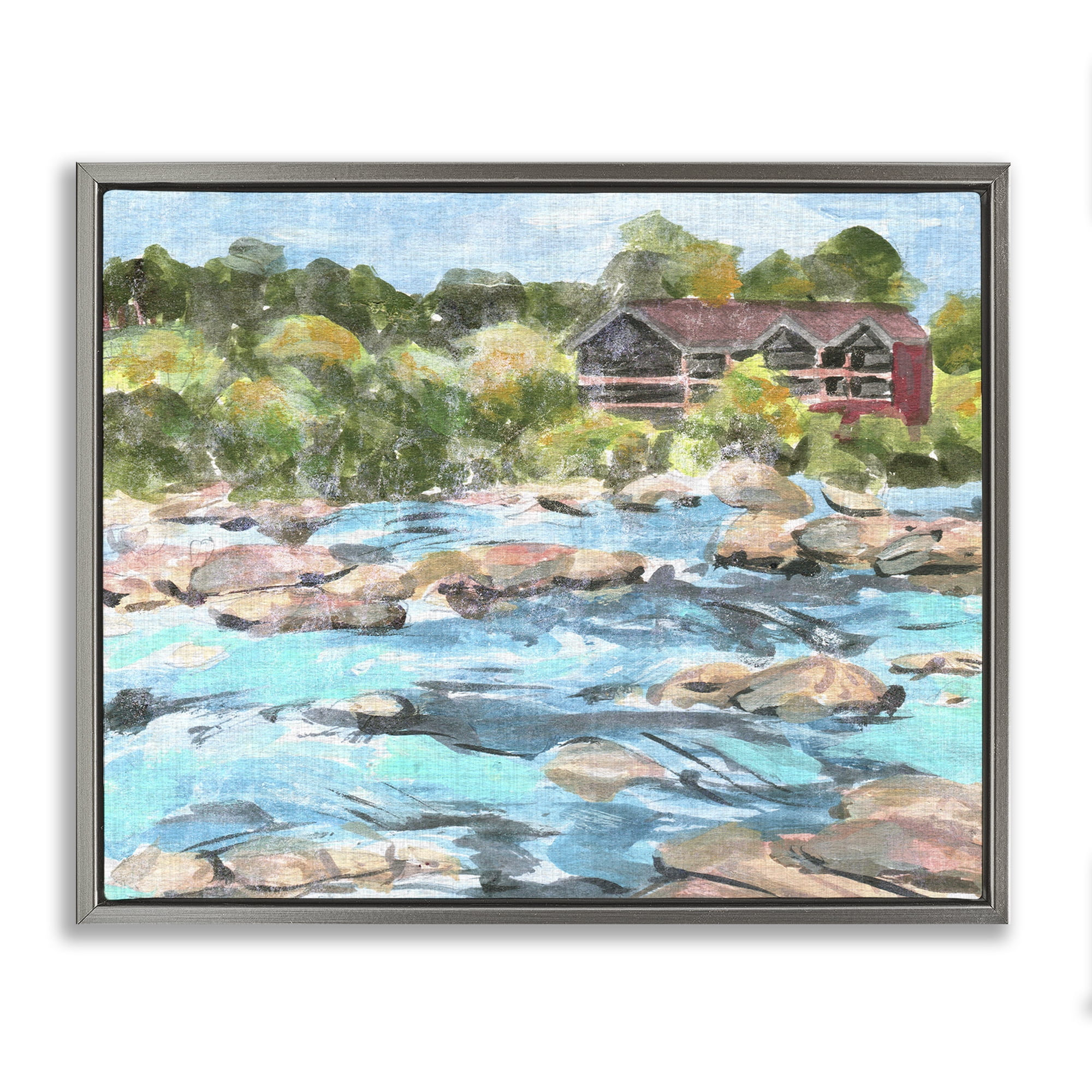Stupell Industries Rocky River Landscape Landscape Painting Gray Floater Framed Canvas Art Print Wall Art, 21 x 17