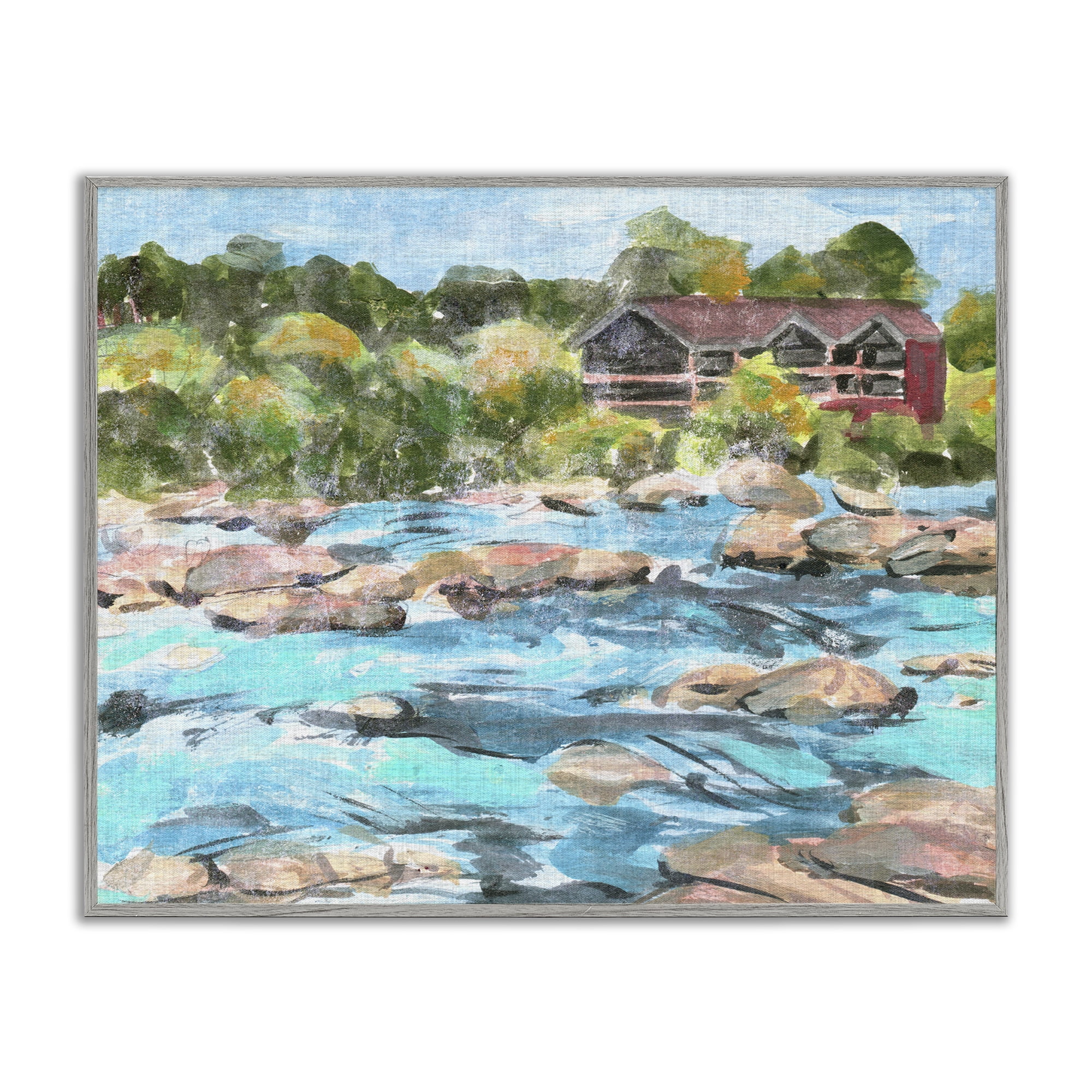Stupell Industries Rocky River Landscape Landscape Painting Gray Framed Art Print Wall Art, 20 x 16