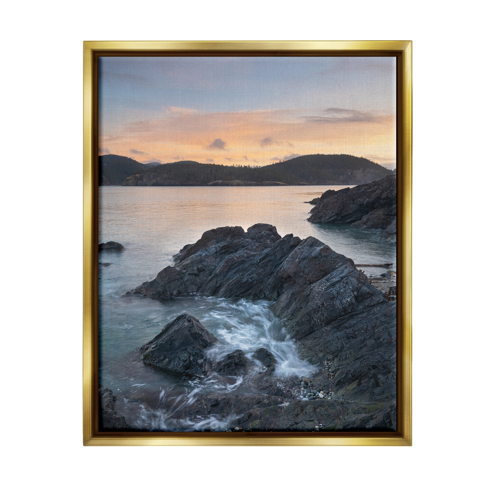 Stupell Industries Rocky Sea Cliffs Landscape Photography Gold Floater Framed Canvas Art Print Wall Art, 25 x 31