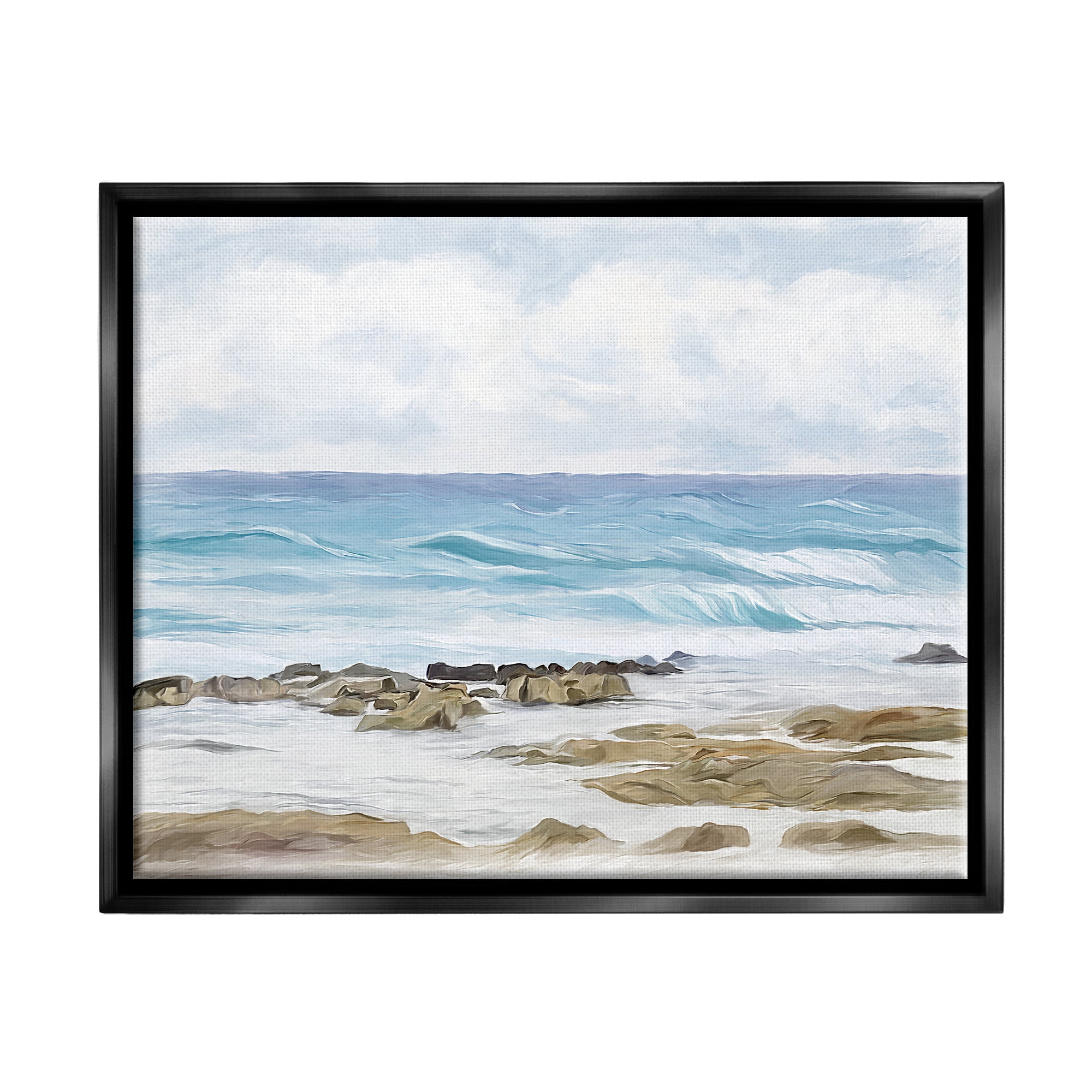 Stupell Industries Rocky Shore Beach Waves Landscape Painting Black Floater Framed Canvas Art Print Wall Art, 31 x 25