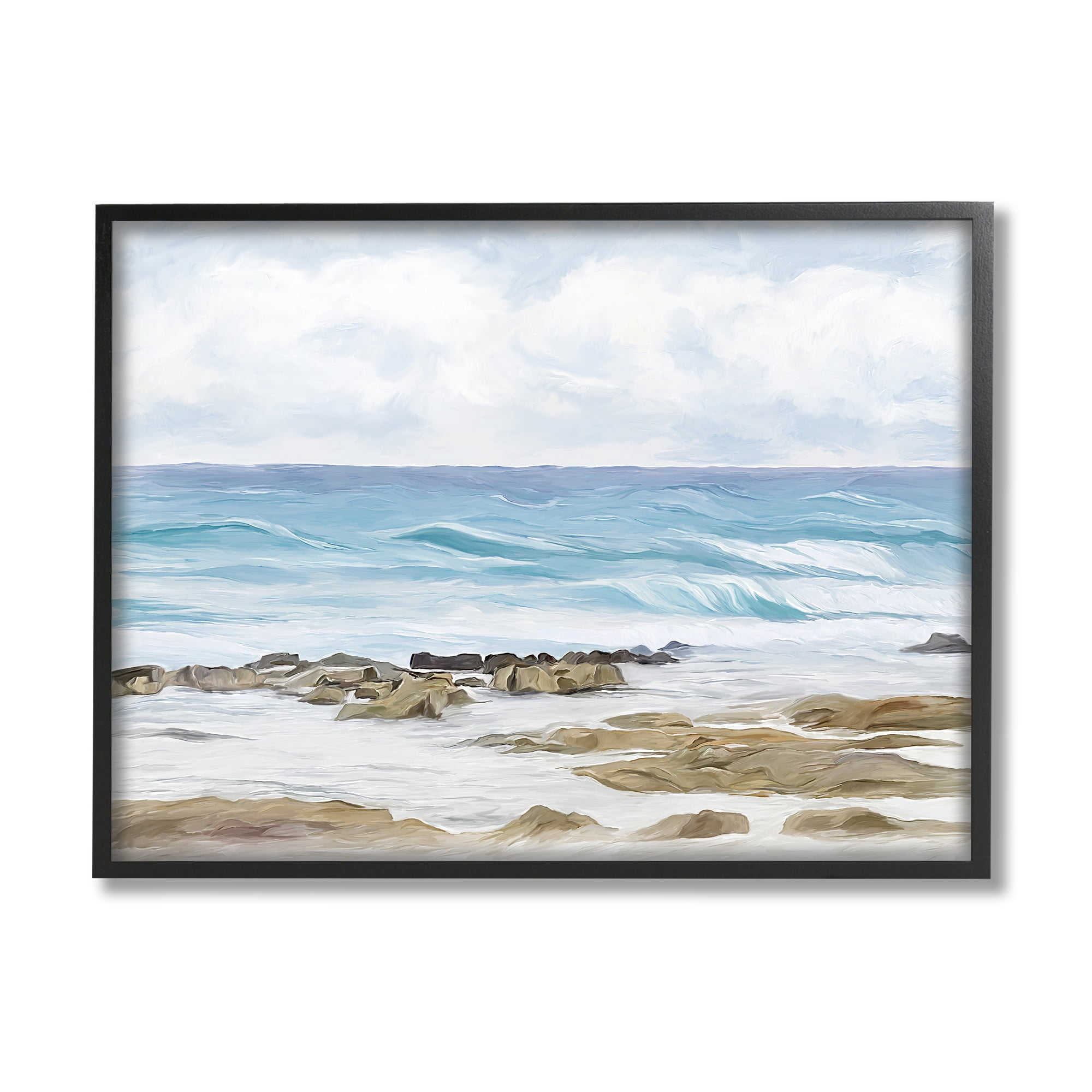 Stupell Industries Rocky Shore Beach Waves Landscape Painting Black Framed Art Print Wall Art, 30 x 24