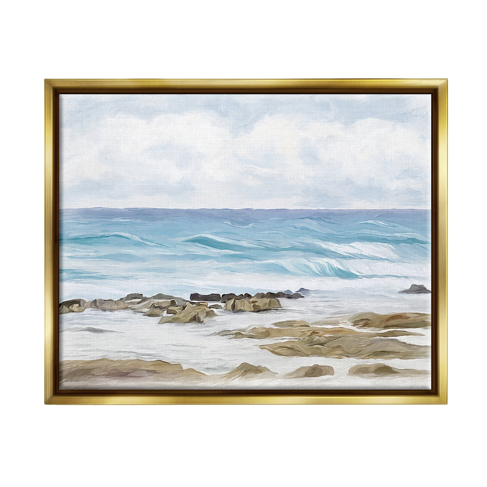 Stupell Industries Rocky Shore Beach Waves Landscape Painting Gold Floater Framed Canvas Art Print Wall Art, 21 x 17