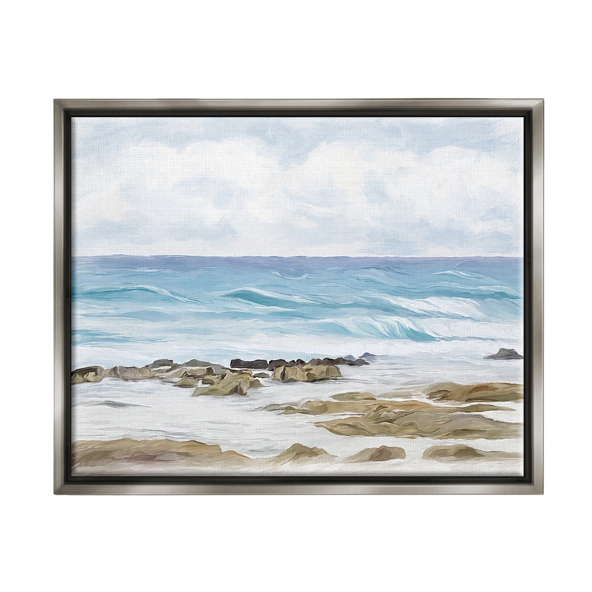 Stupell Industries Rocky Shore Beach Waves Landscape Painting Gray Floater Framed Canvas Art Print Wall Art, 21 x 17