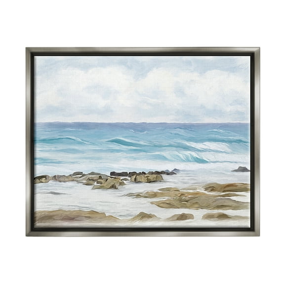 Stupell Industries Rocky Shore Beach Waves Landscape Painting Gray Floater Framed Canvas Art Print Wall Art, 31 x 25