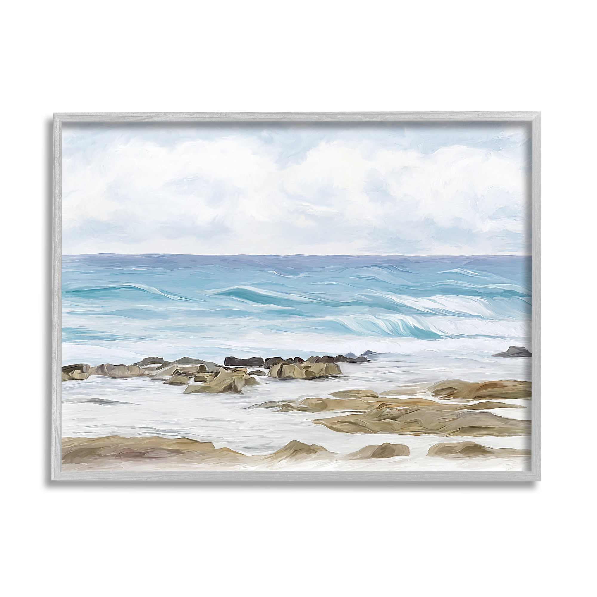 Stupell Industries Rocky Shore Beach Waves Landscape Painting Gray Framed Art Print Wall Art, 30 x 24