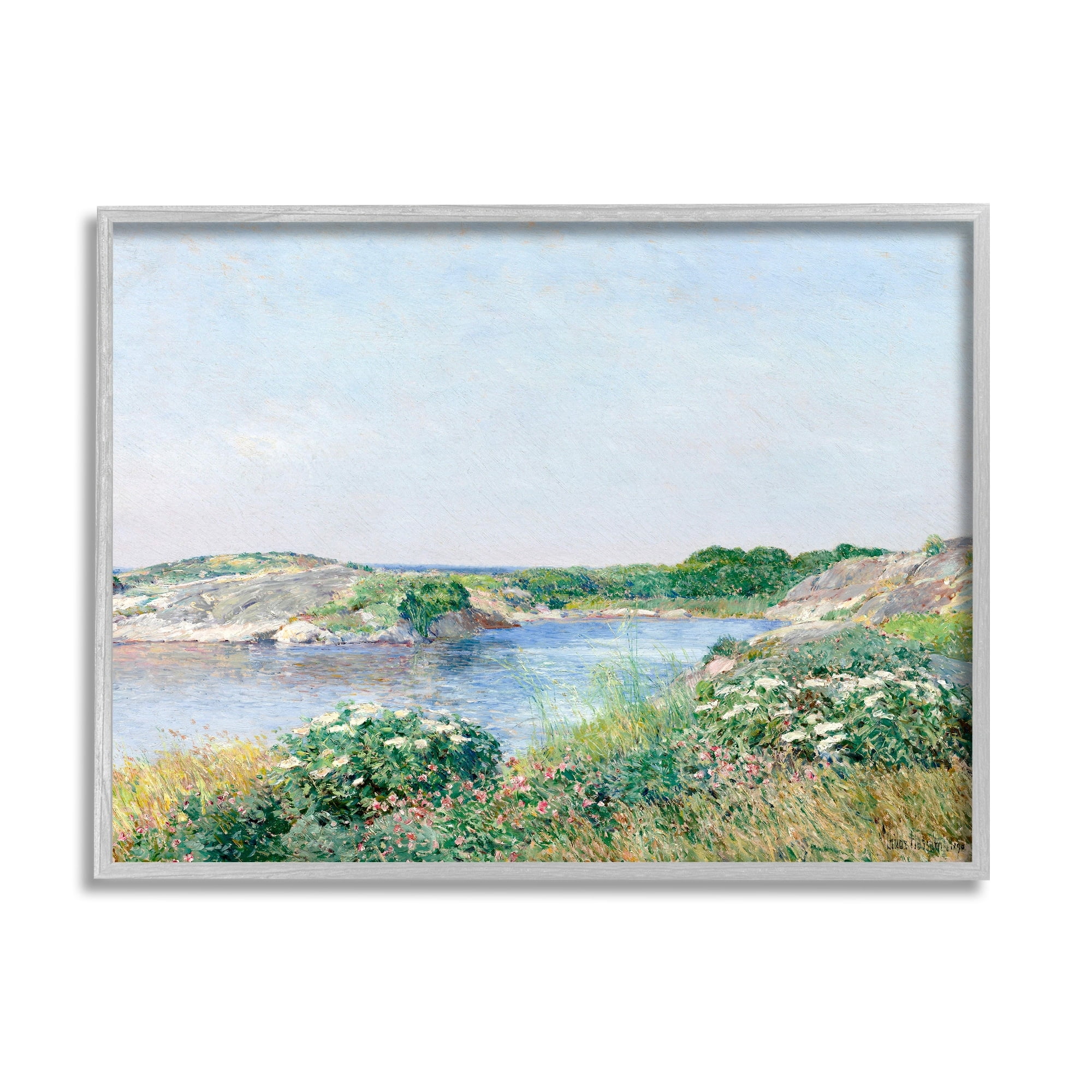 Stupell Industries Rocky Shore Flower Bushes Ocean Inlet Scene Painting Gray Framed Art Print Wall Art, Design by Lettered and Lined