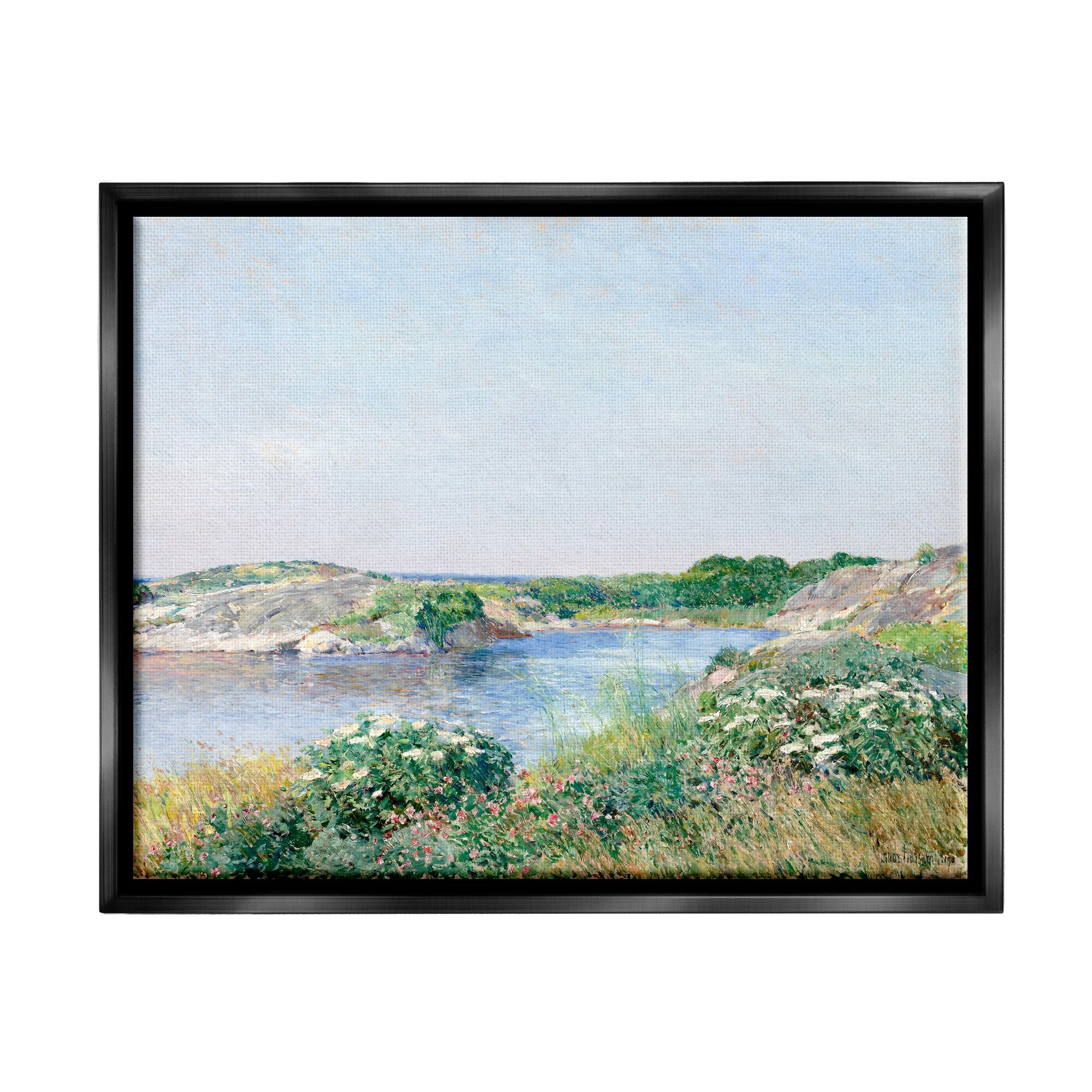 Stupell Industries Rocky Shore Flower Bushes Ocean Inlet Scene Painting Jet Black Floating Framed Canvas Print Wall Art, Design by Lettered and Lined