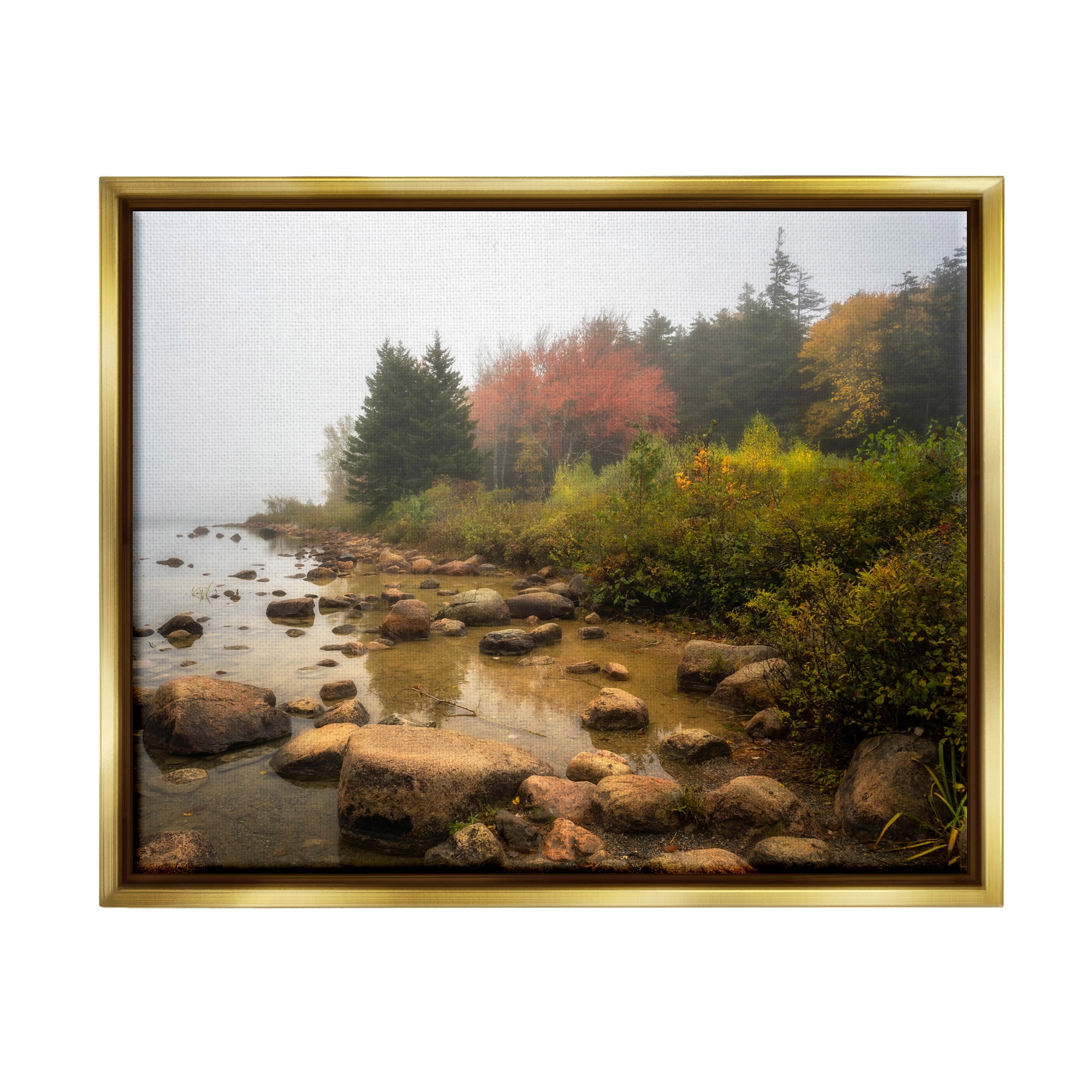 Stupell Industries Rocky Shore Woodland Foliage Coastal Photography Gold Floater Framed Art Print Wall Art