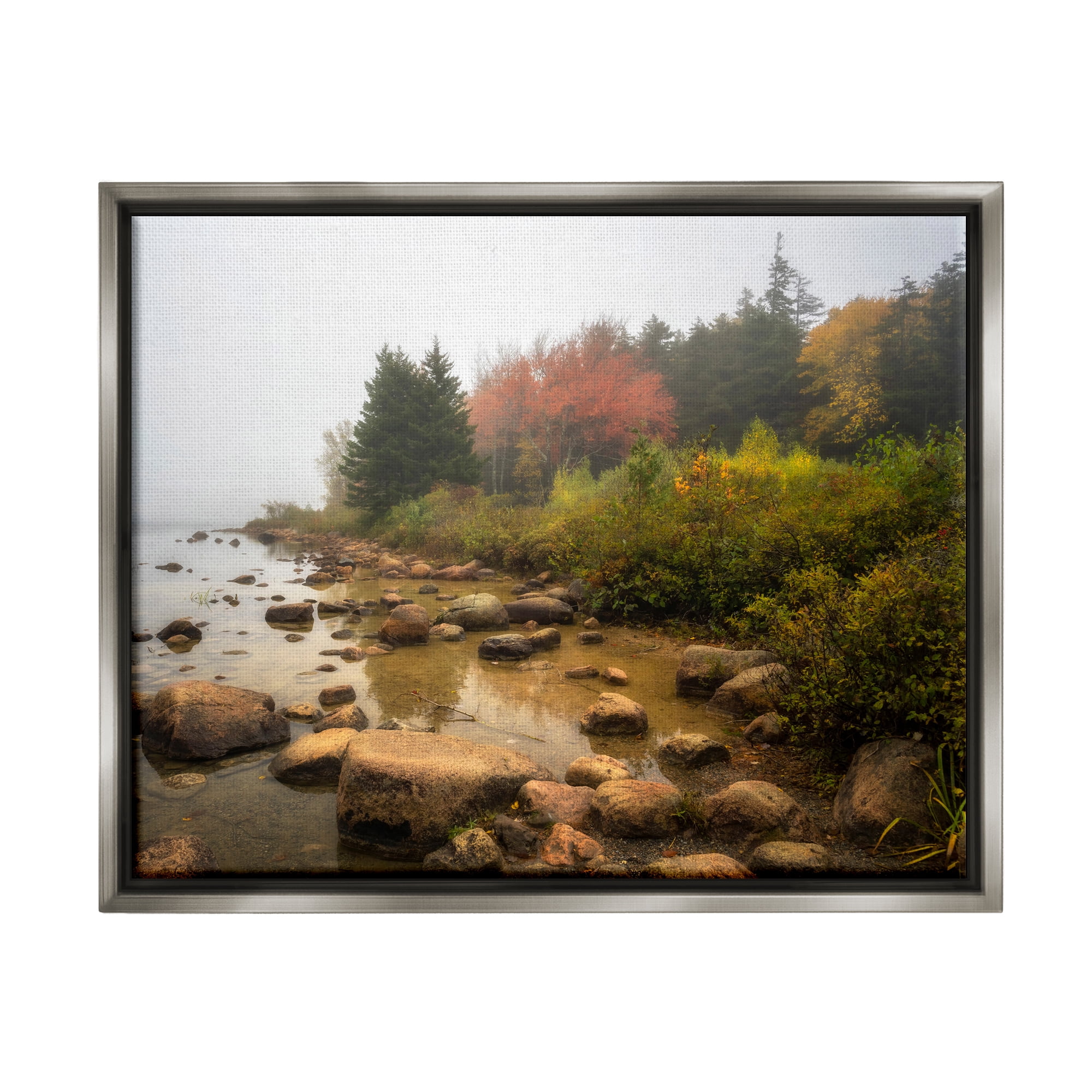 Stupell Industries Rocky Shore Woodland Foliage Coastal Photography Gray Floater Framed Art Print Wall Art