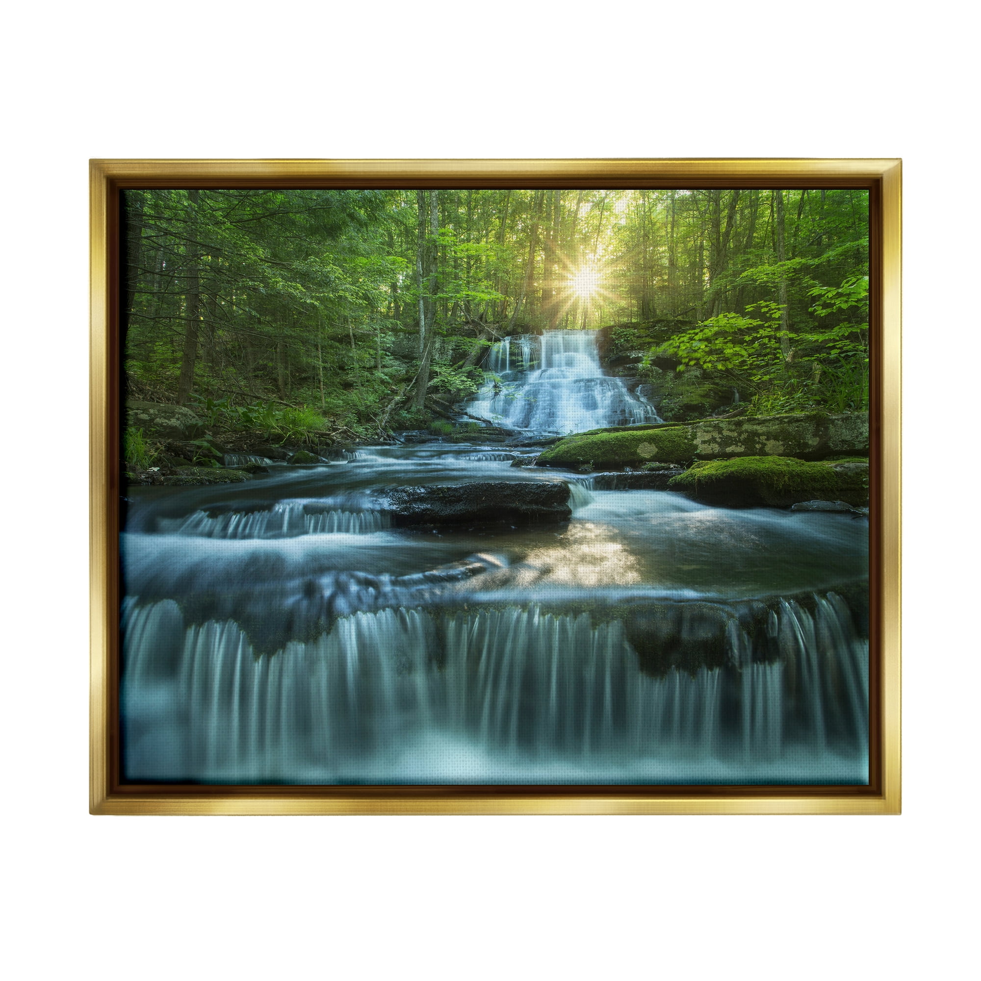 Stupell Industries Rocky Waterfall Landscape Nature Photography Gold Floater Framed Art Print Wall Art, 21 x 17