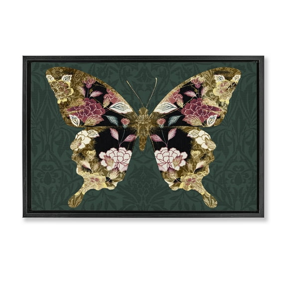 Stupell Industries Rococo Butterfly Pattern Animals Painting Black Floater Framed Canvas Art Print Wall Art, 25 x 17