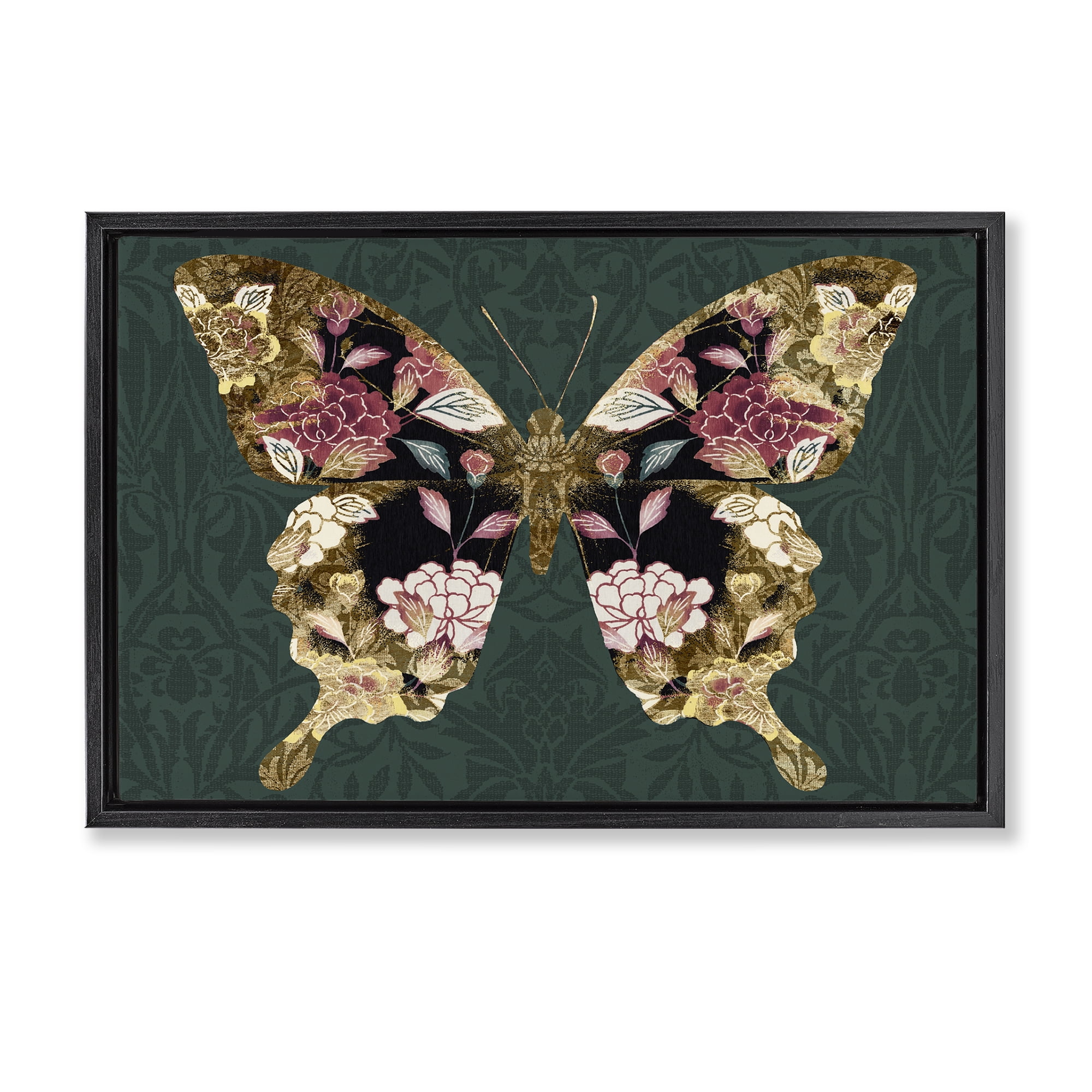 Stupell Industries Rococo Butterfly Pattern Animals Painting Black Floater Framed Canvas Art Print Wall Art, 31 x 21