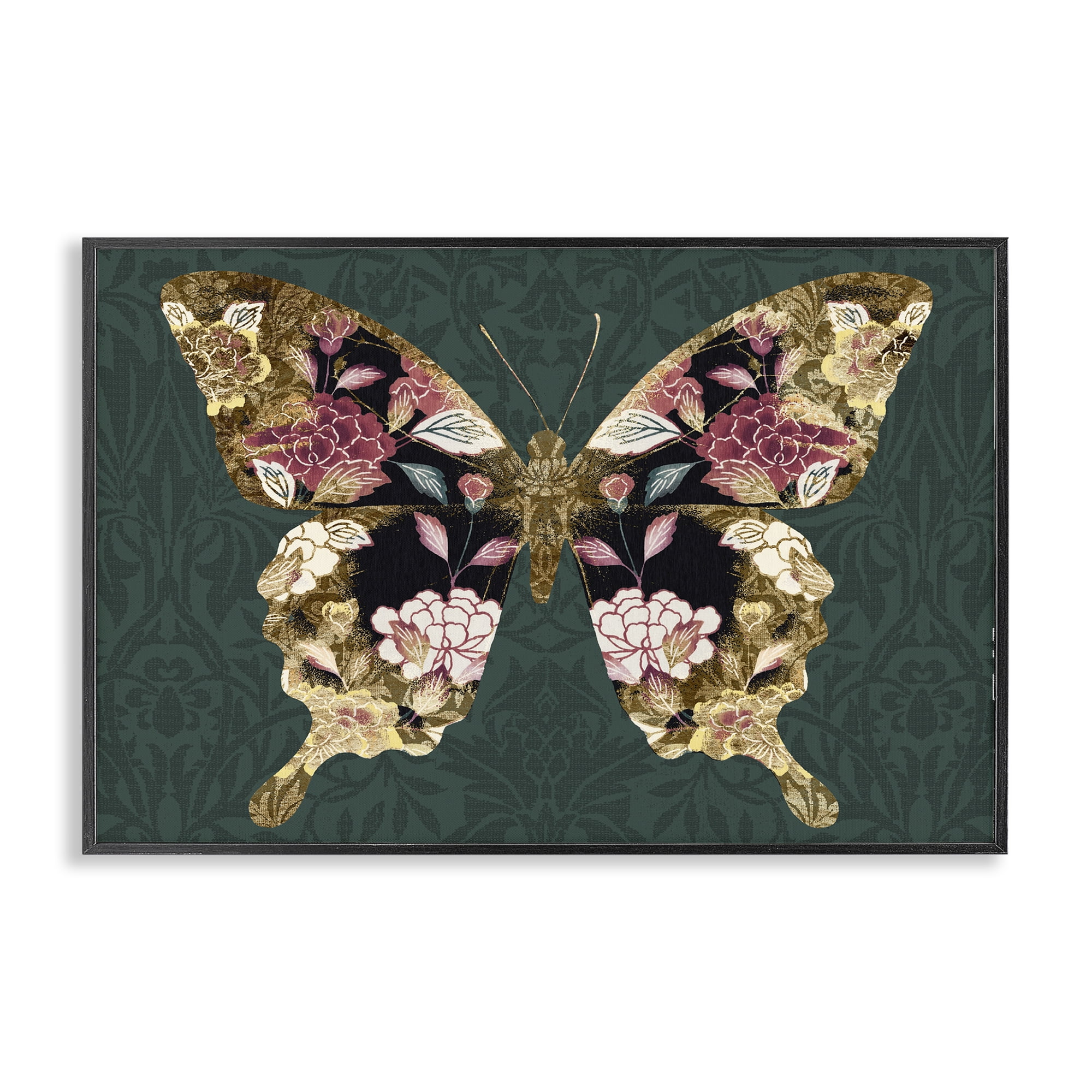 Stupell Industries Rococo Butterfly Pattern Animals Painting Black Framed Art Print Wall Art, 24 x 16